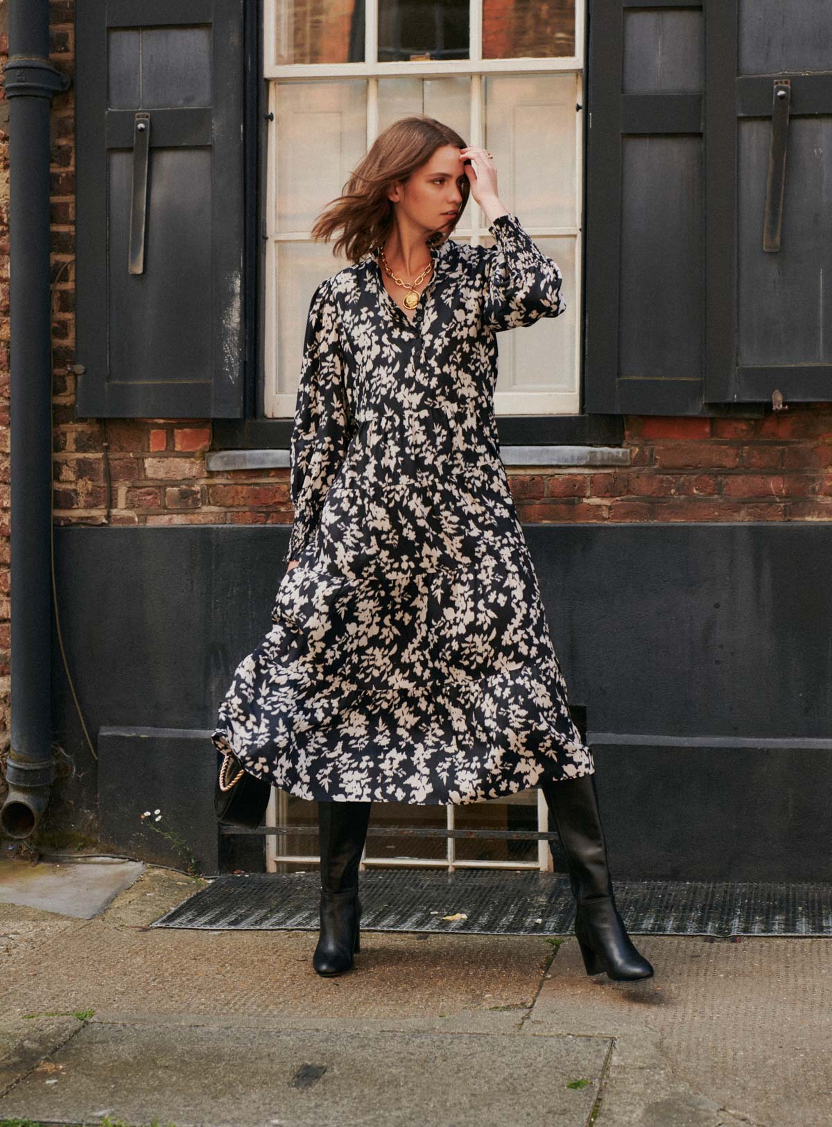 Black Floral Midi Dress for Women — Blouse Collar Wide Cut - gallery