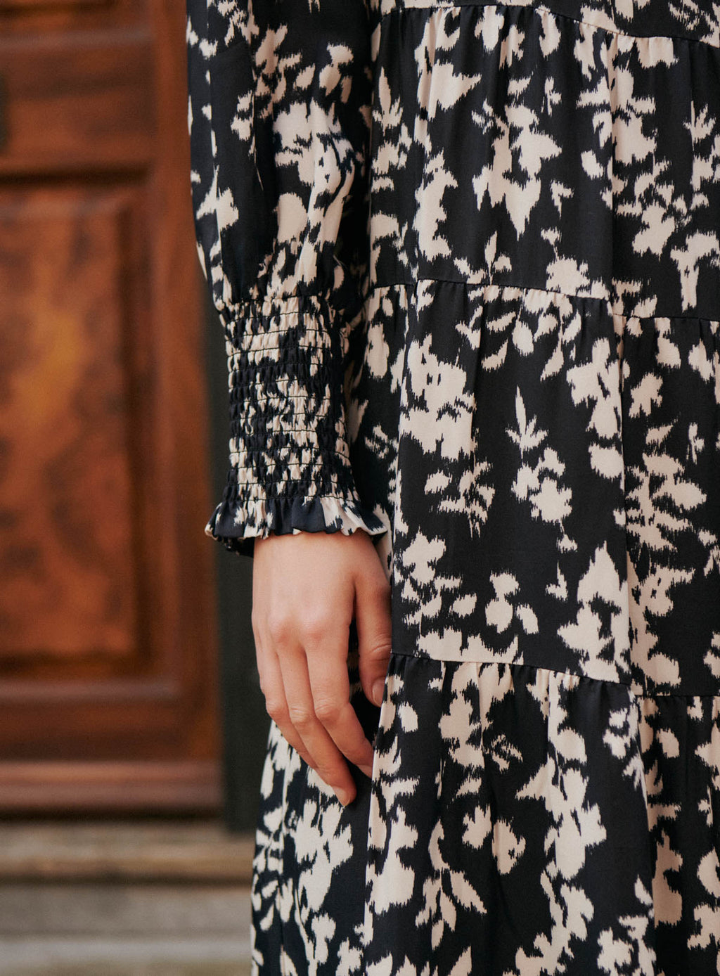 Black Floral Midi Dress for Women — Blouse Collar Wide Cut - gallery