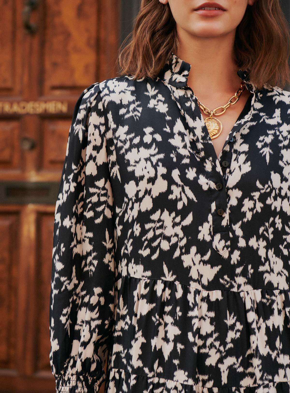 Black Floral Midi Dress for Women — Blouse Collar Wide Cut - gallery
