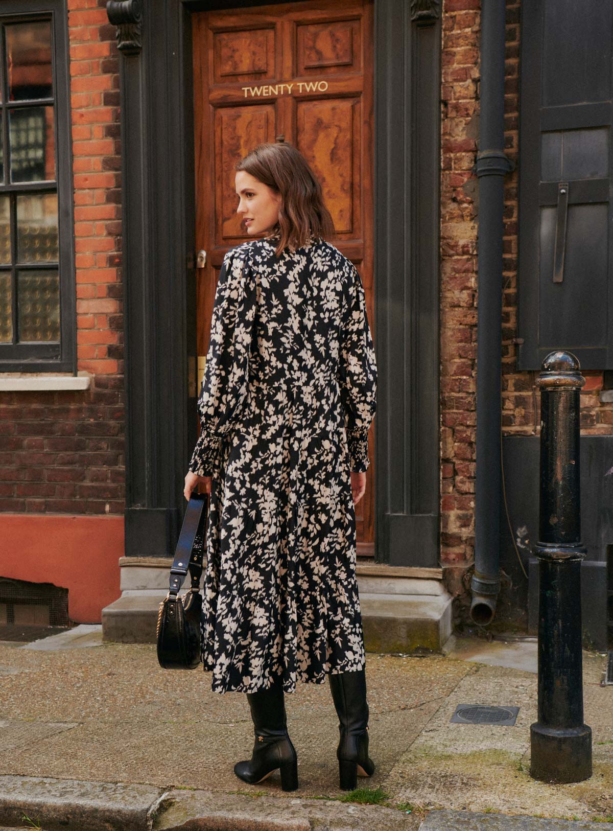Black Floral Midi Dress for Women — Blouse Collar Wide Cut - gallery