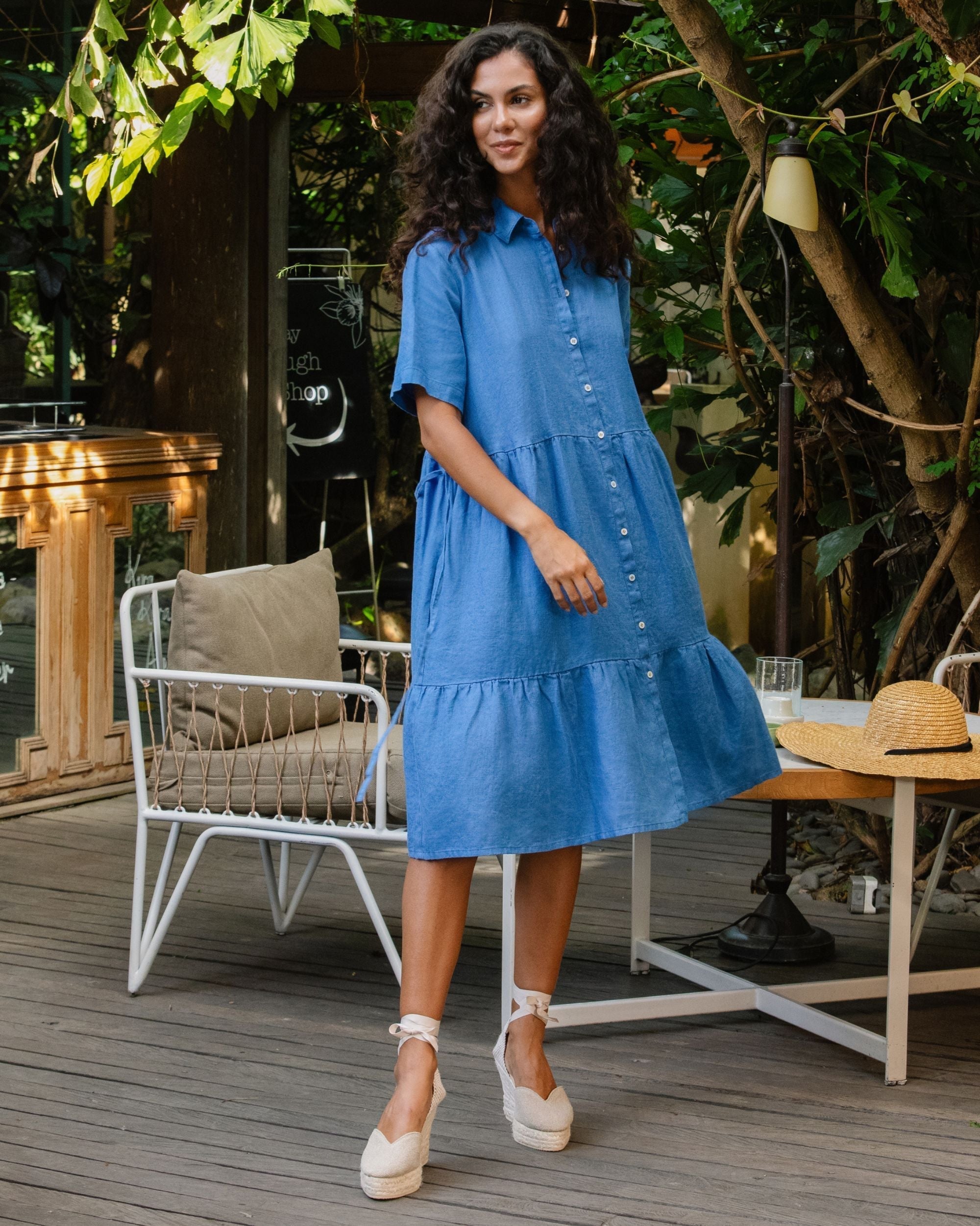 Tiered Linen Midi Dress in Cobalt Blue - gallery