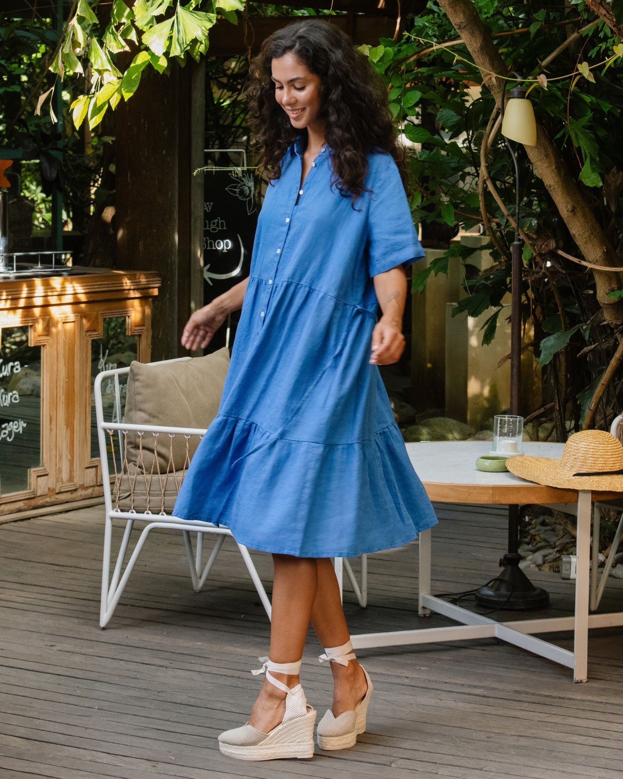 Tiered Linen Midi Dress in Cobalt Blue - gallery