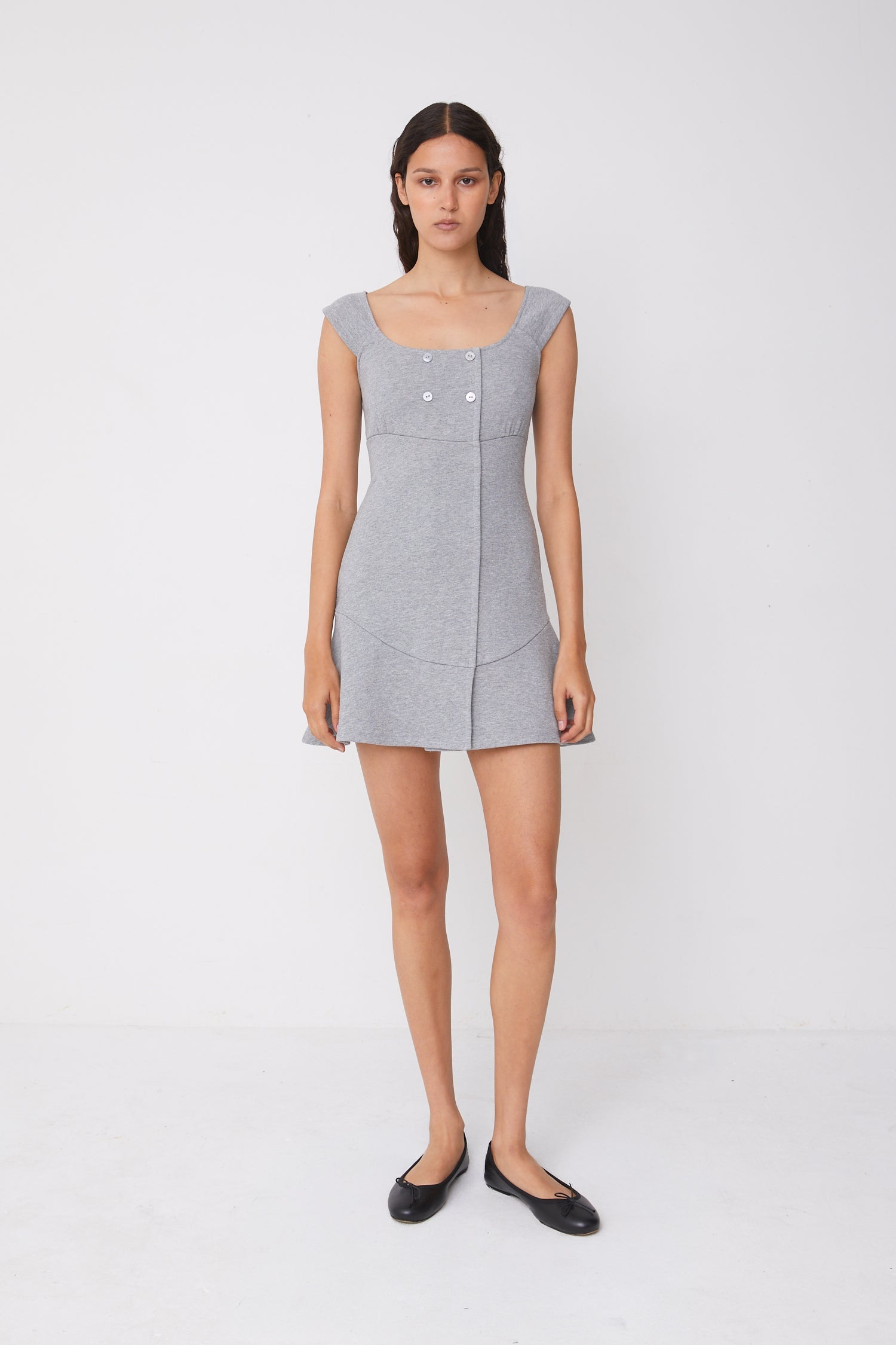 Grey Marl Cotton Mini Dress for Women — Square Neck Double-Breasted - gallery