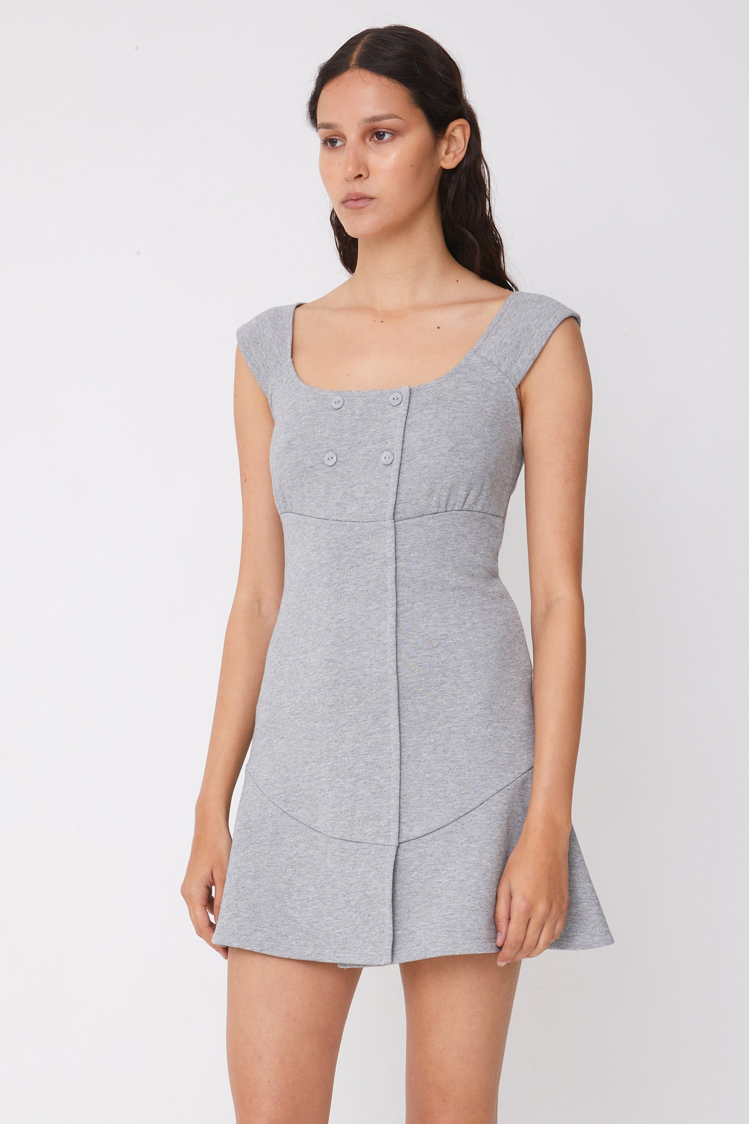 Grey Marl Cotton Mini Dress for Women — Square Neck Double-Breasted - gallery