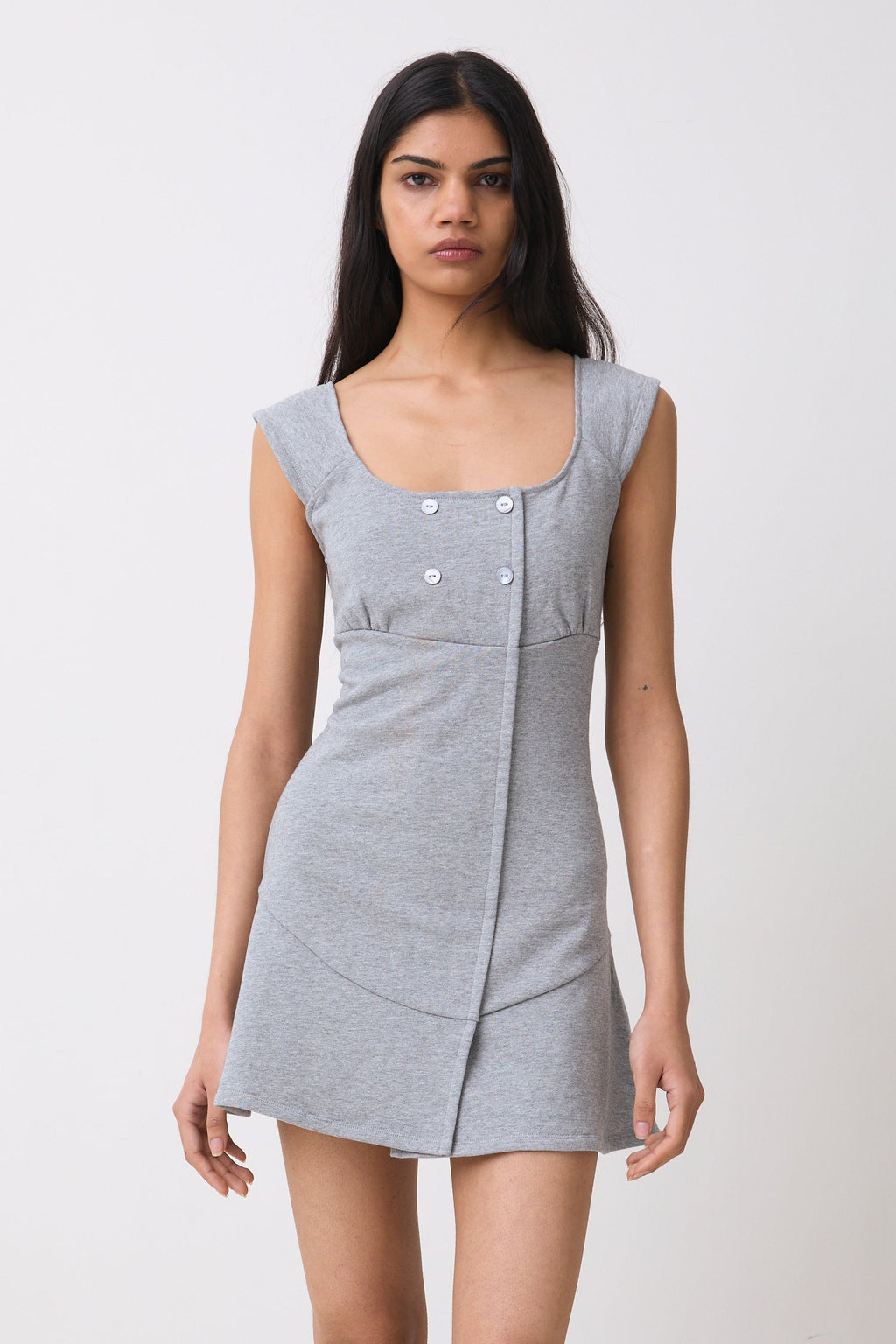 Grey Marl Cotton Mini Dress for Women — Square Neck Double-Breasted