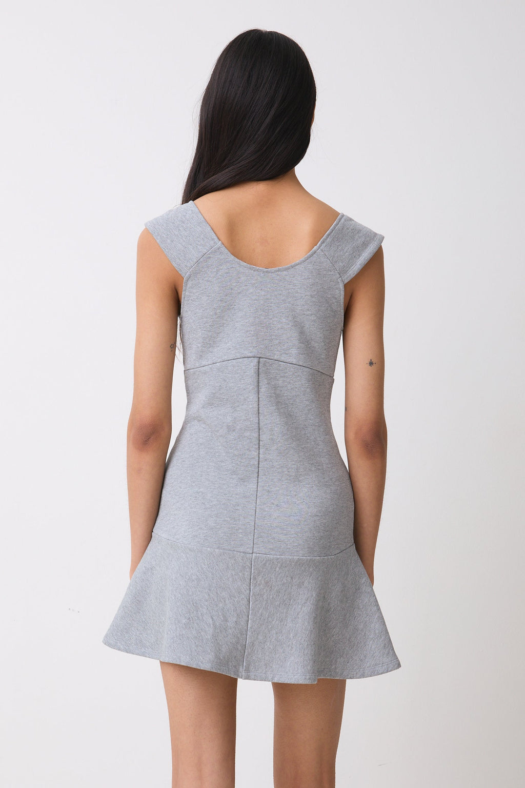 Grey Marl Cotton Mini Dress for Women — Square Neck Double-Breasted - gallery