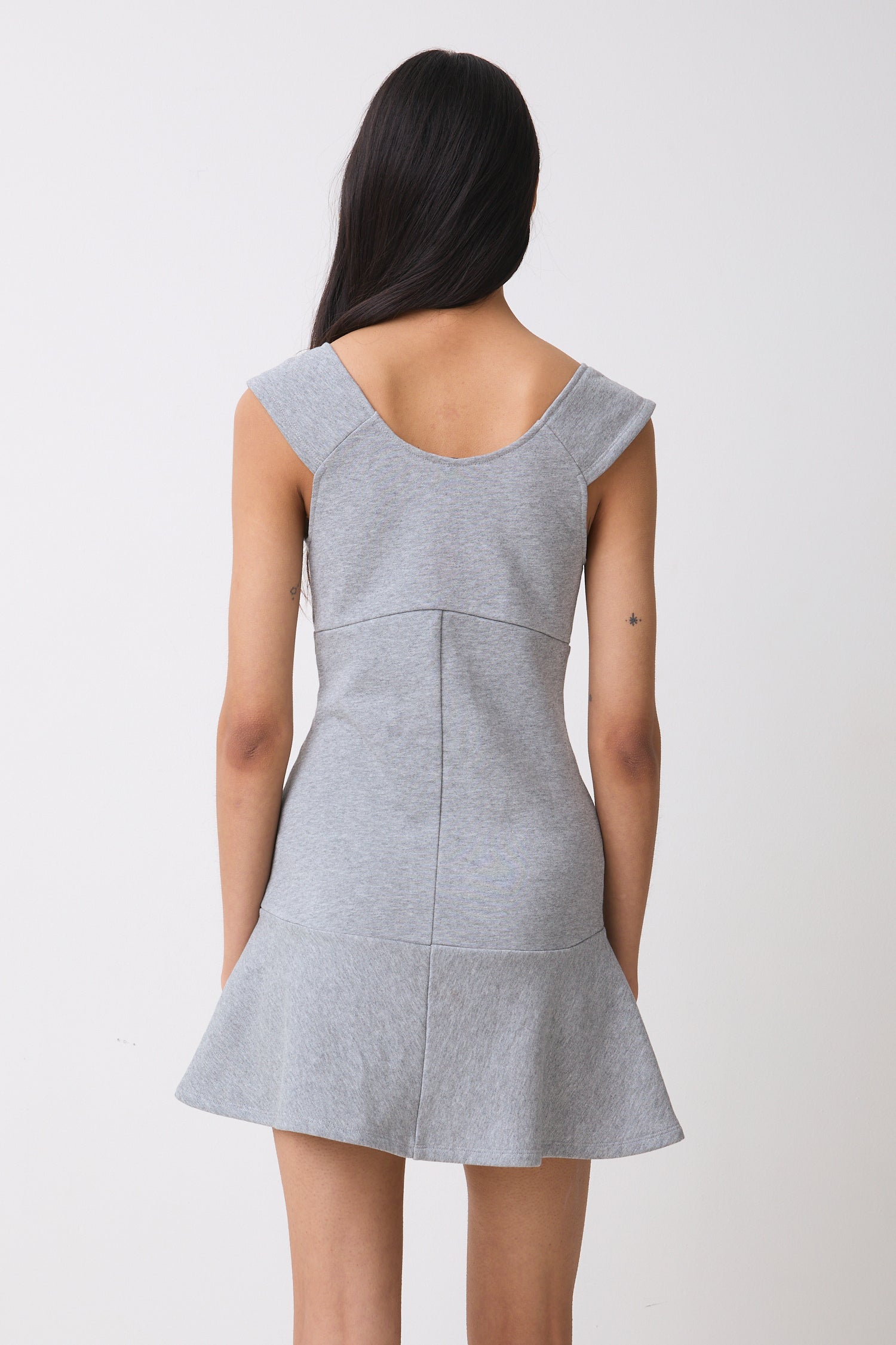 Grey Marl Cotton Mini Dress for Women — Square Neck Double-Breasted - gallery