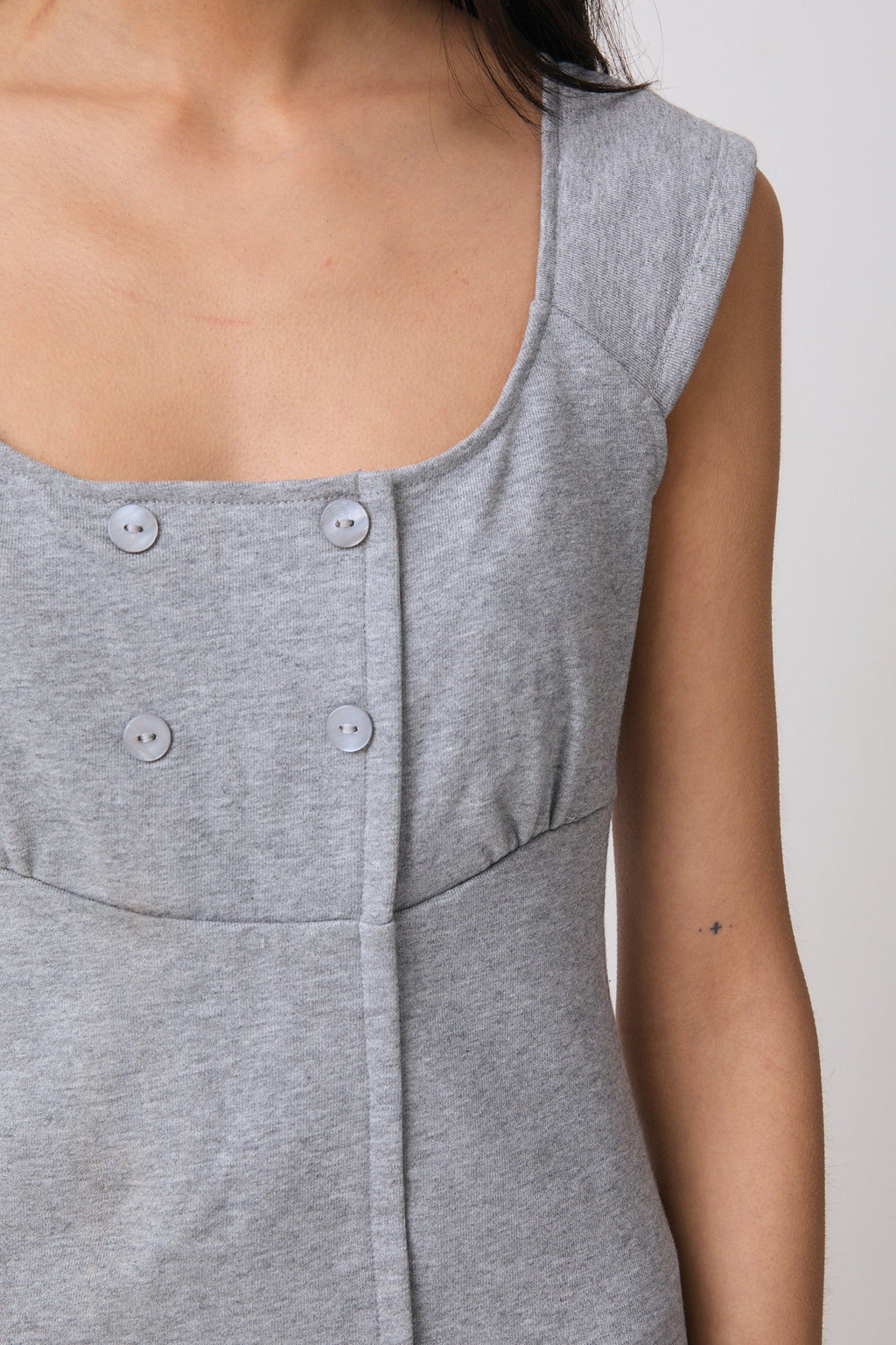 Grey Marl Cotton Mini Dress for Women — Square Neck Double-Breasted - gallery
