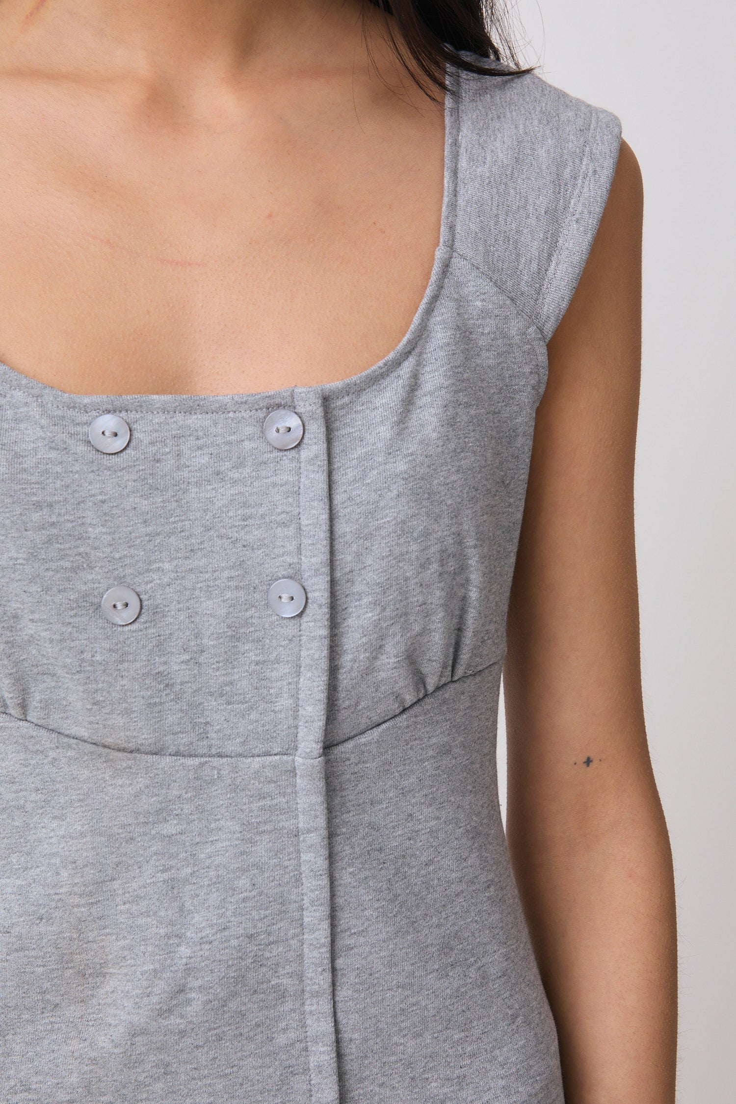 Grey Marl Cotton Mini Dress for Women — Square Neck Double-Breasted - gallery