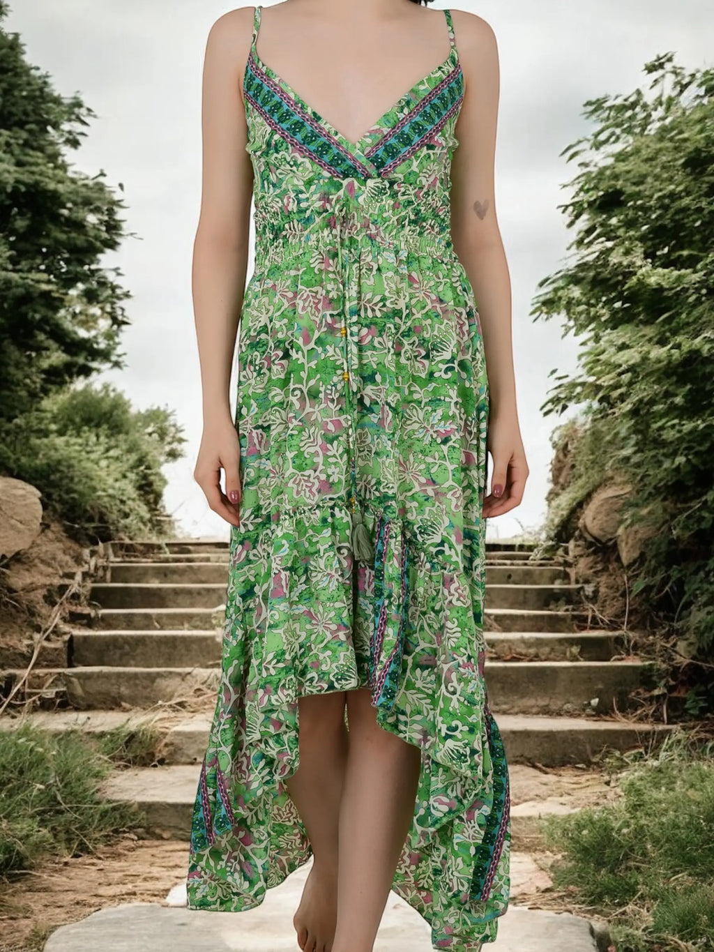 Boho Silk Open-Back High-Low Maxi Dress for Women — Floral