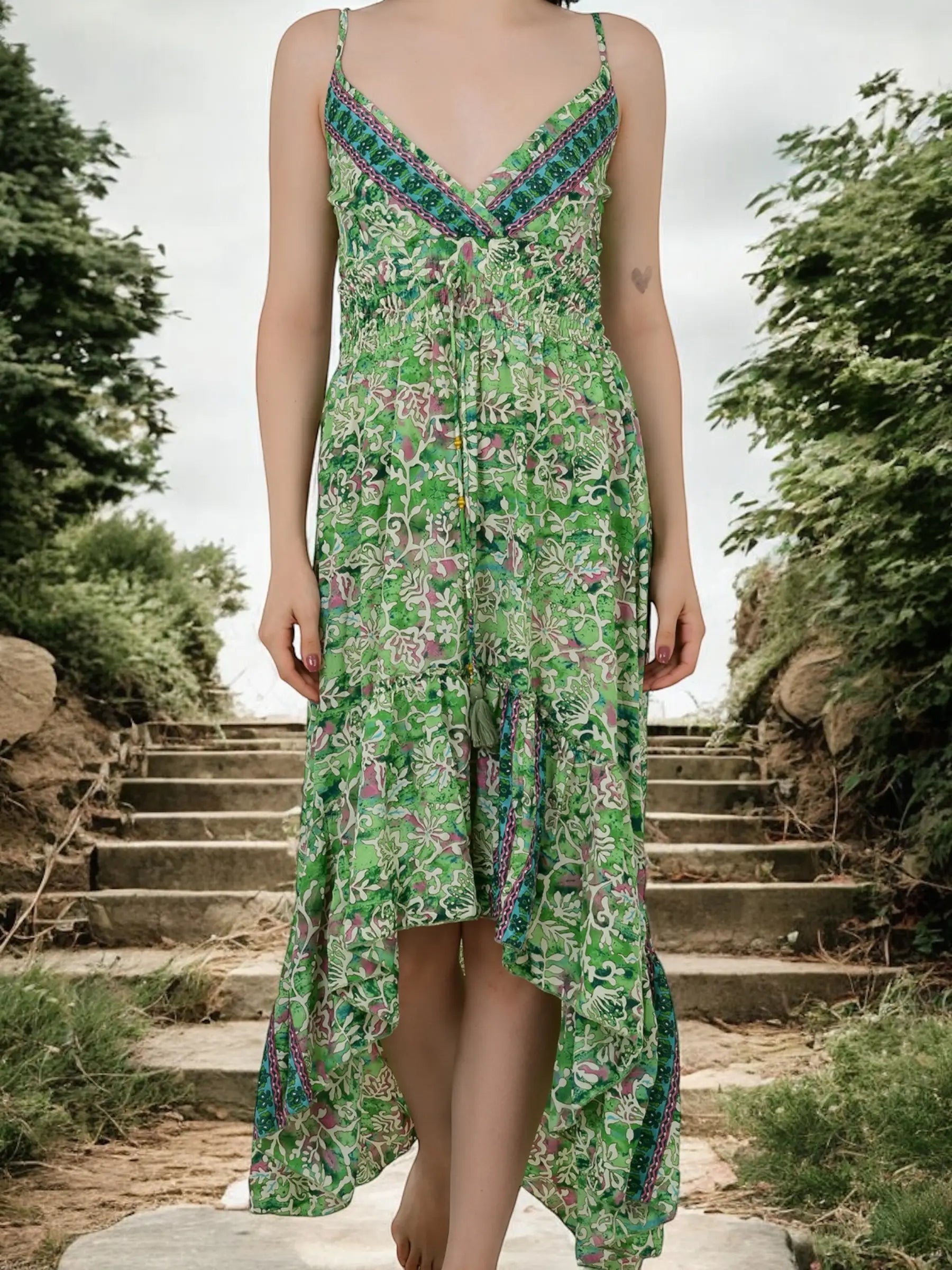 Boho Silk Open-Back High-Low Maxi Dress for Women — Floral