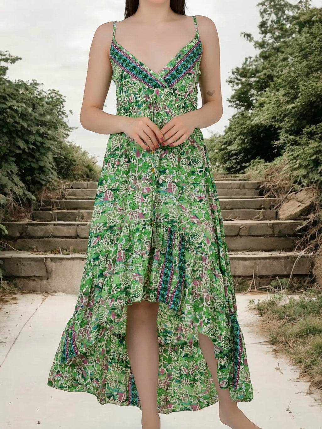 Boho Silk Open-Back High-Low Maxi Dress for Women — Floral - gallery