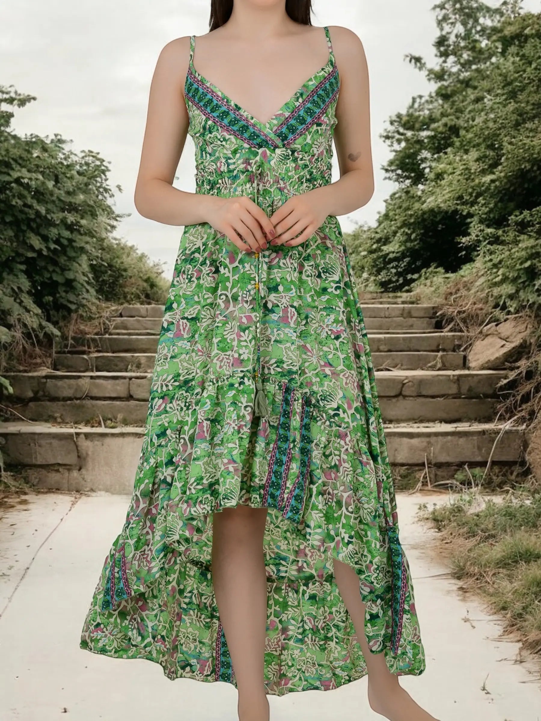 Boho Silk Open-Back High-Low Maxi Dress for Women — Floral - gallery