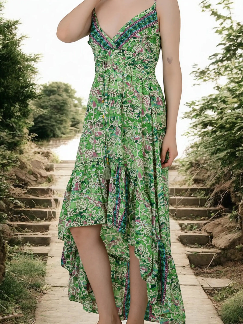 Boho Silk Open-Back High-Low Maxi Dress for Women — Floral - gallery