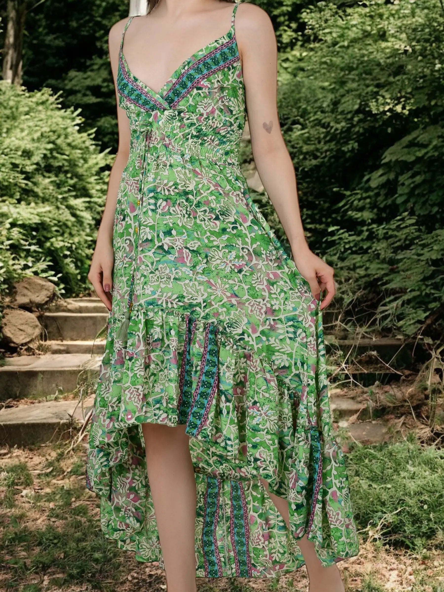 Boho Silk Open-Back High-Low Maxi Dress for Women — Floral - gallery
