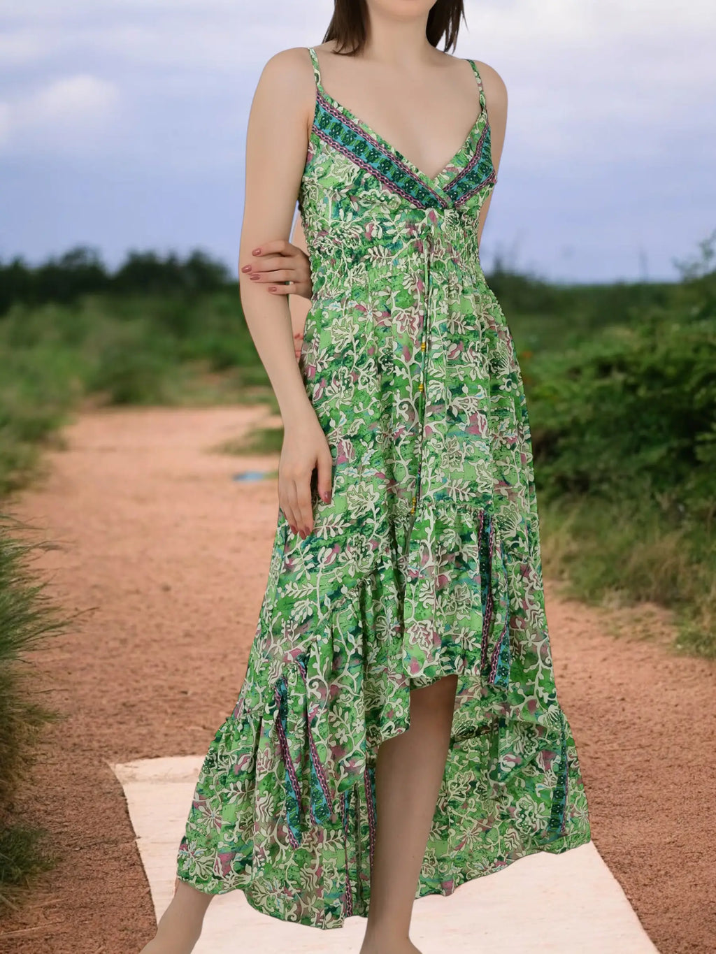 Boho Silk Open-Back High-Low Maxi Dress for Women — Floral - gallery