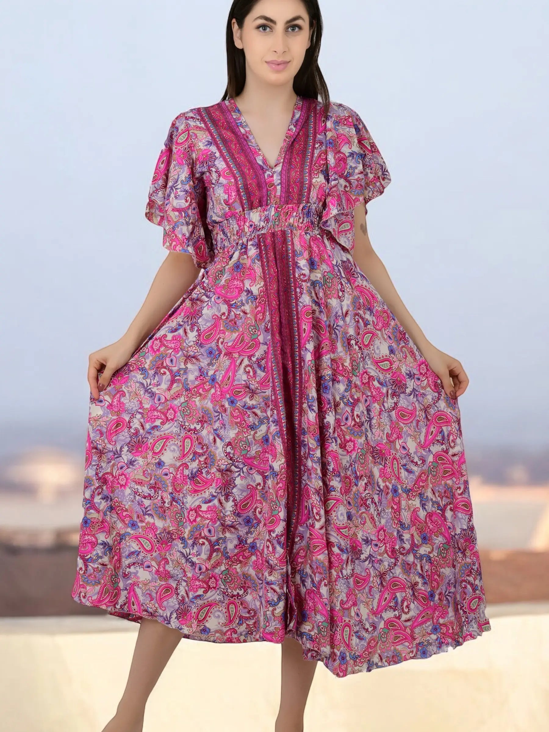 Silk Blend V-Neck Midi Dress — Wedding Guest Style for Women - gallery