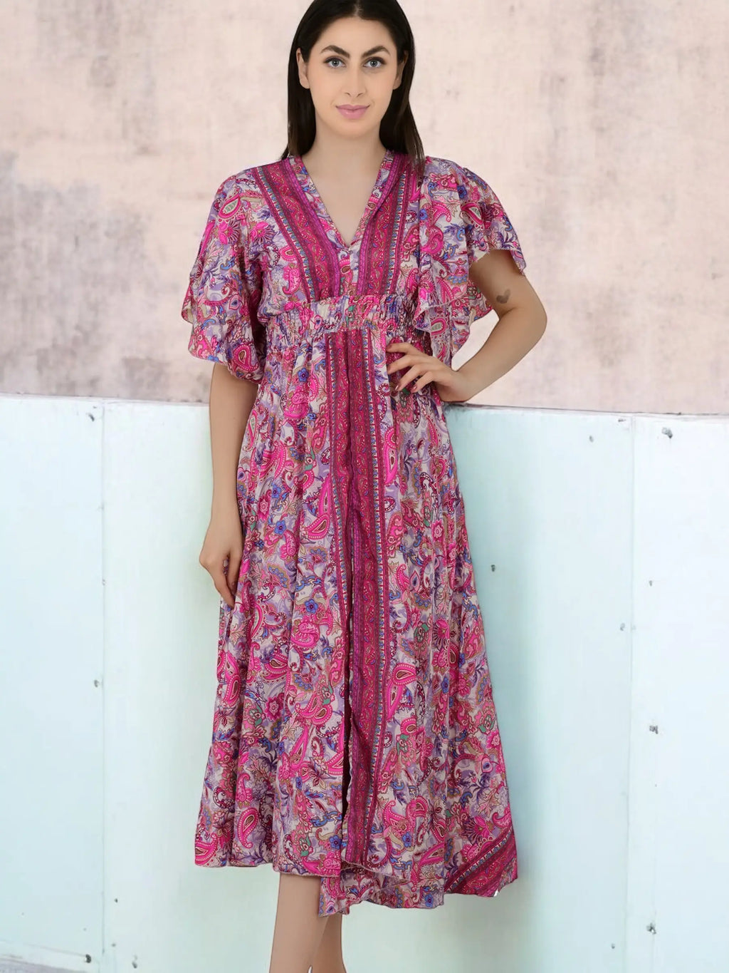 Silk Blend V-Neck Midi Dress — Wedding Guest Style for Women