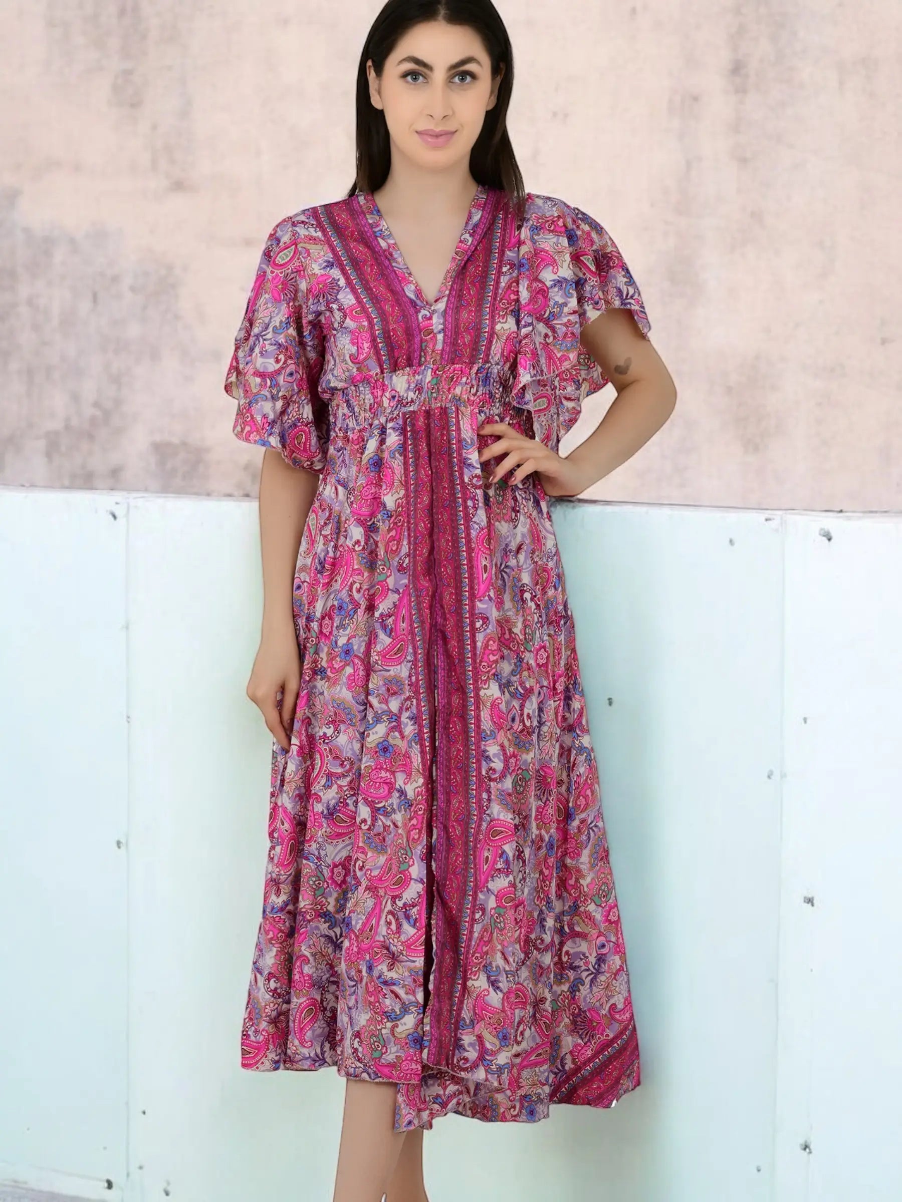 Silk Blend V-Neck Midi Dress — Wedding Guest Style for Women