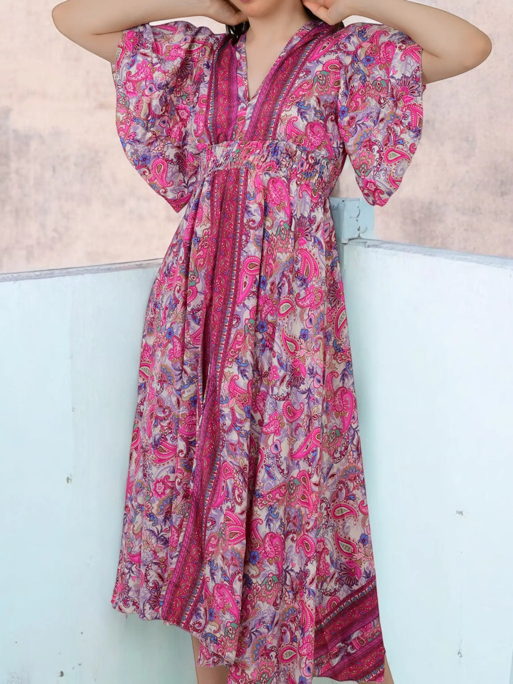 Silk Blend V-Neck Midi Dress — Wedding Guest Style for Women - gallery
