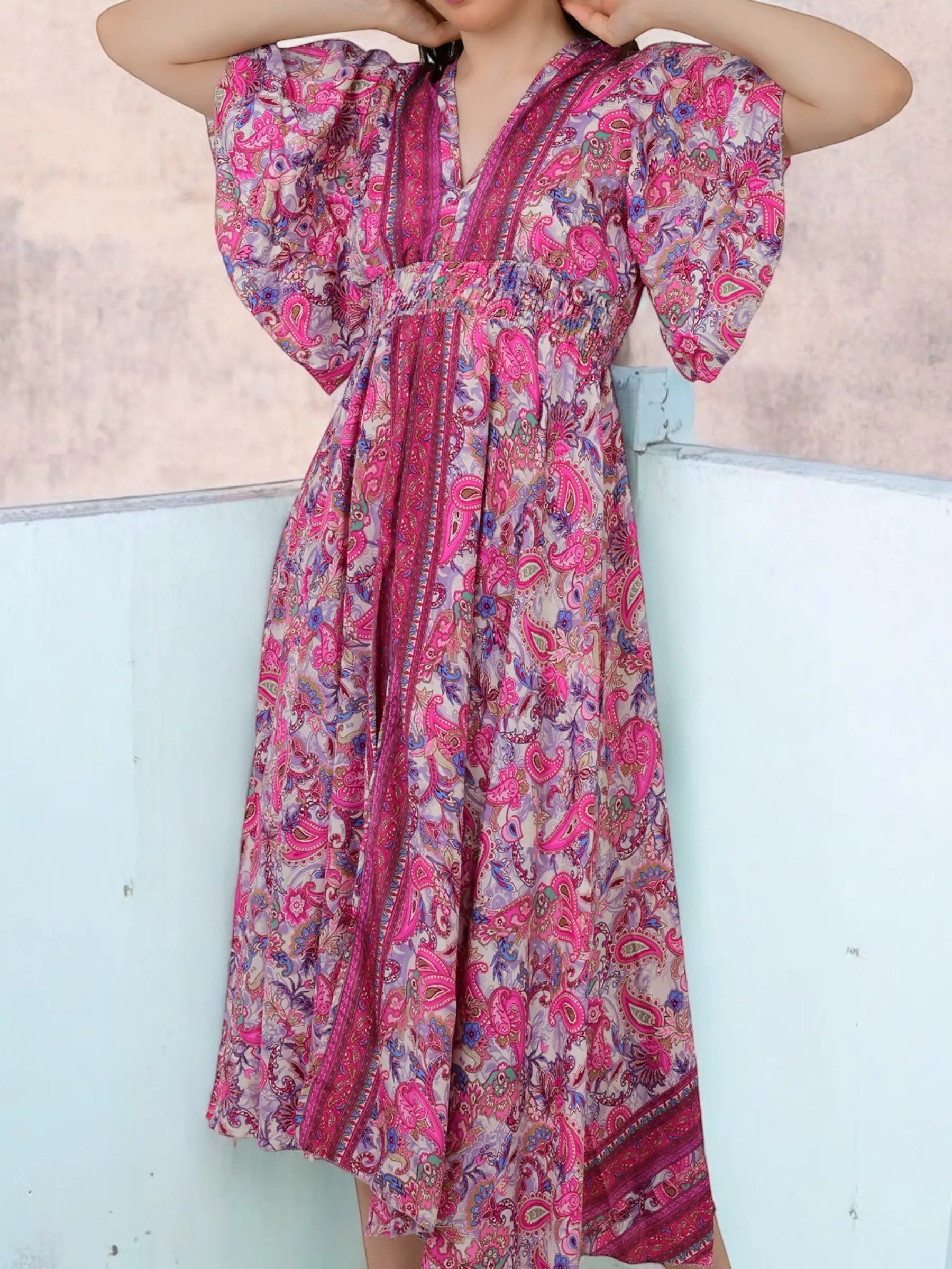 Silk Blend V-Neck Midi Dress — Wedding Guest Style for Women - gallery