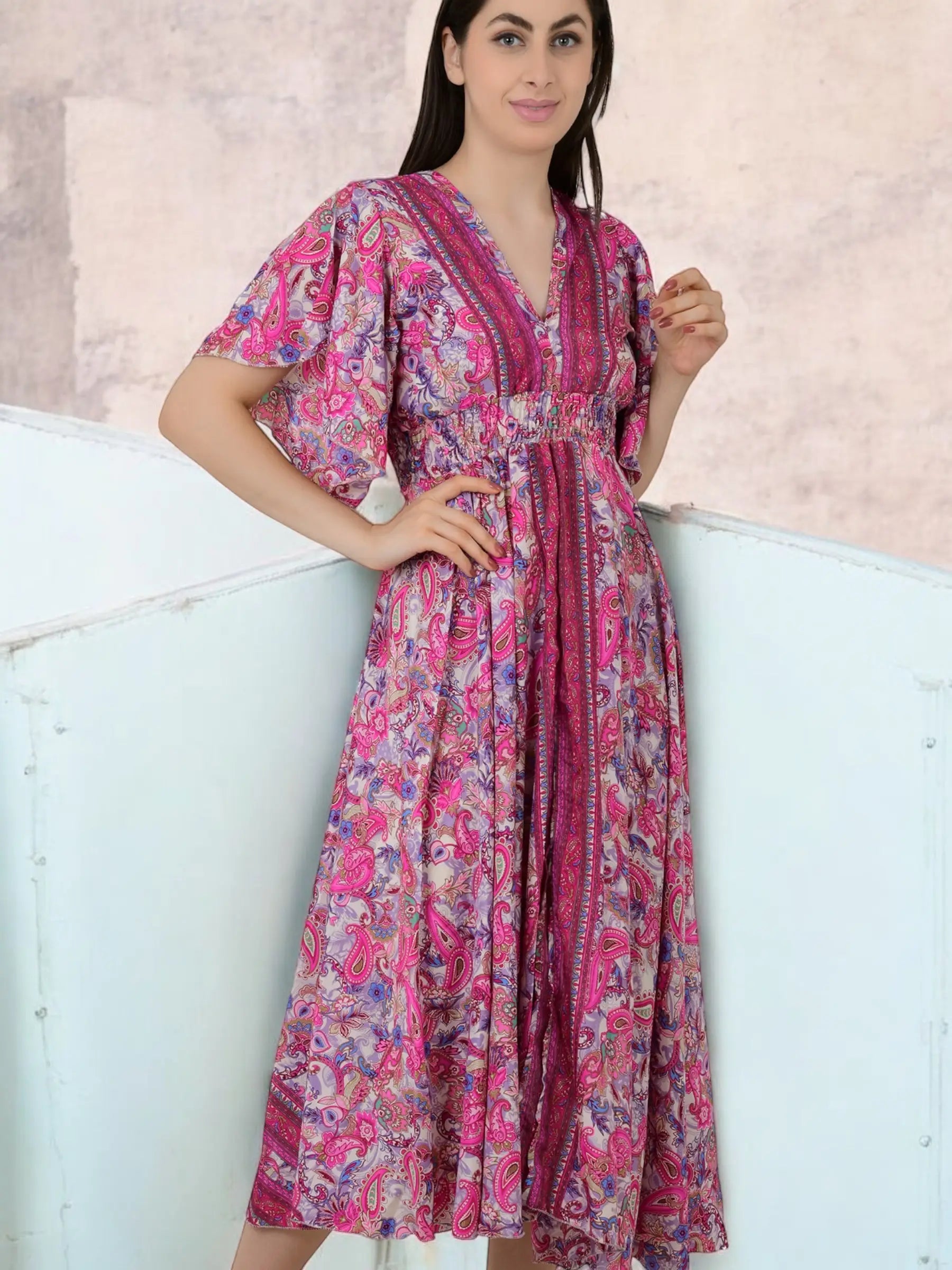 Silk Blend V-Neck Midi Dress — Wedding Guest Style for Women - gallery