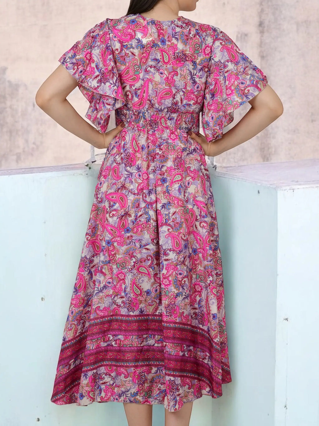 Silk Blend V-Neck Midi Dress — Wedding Guest Style for Women - gallery
