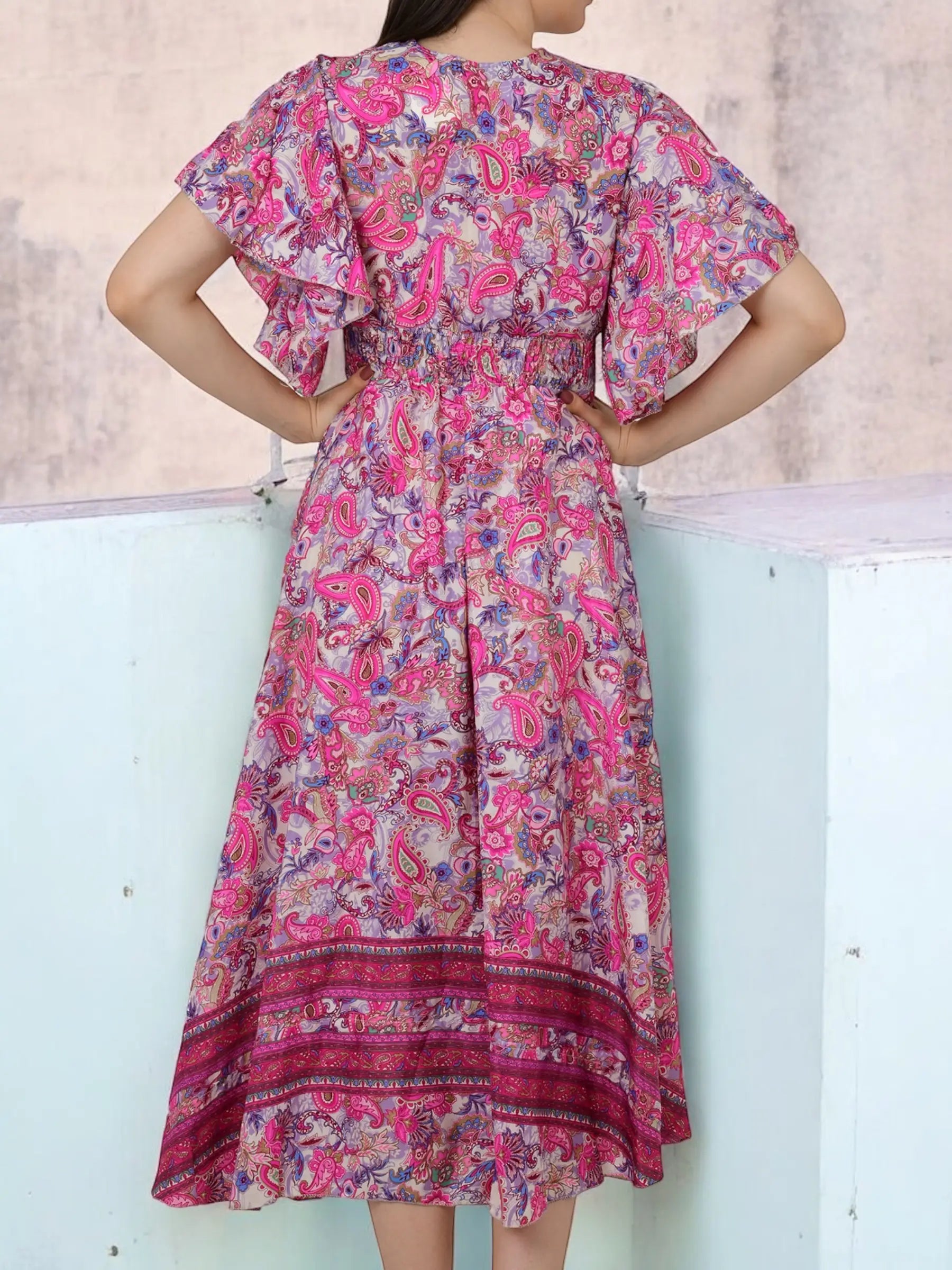 Silk Blend V-Neck Midi Dress — Wedding Guest Style for Women - gallery
