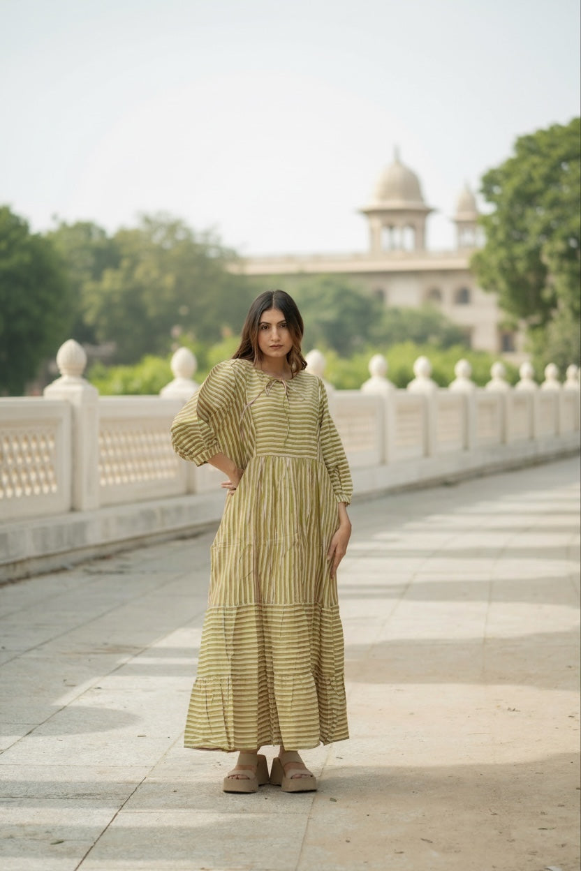 Hand Block Stripe Cotton Midi Dress for Women — Sustainable Craft