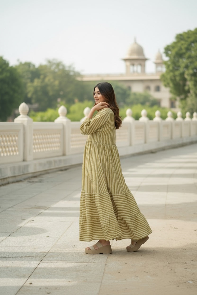 Hand Block Stripe Cotton Midi Dress for Women — Sustainable Craft - gallery