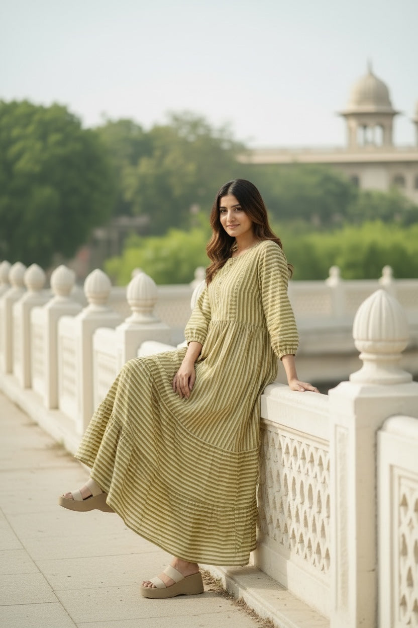 Hand Block Stripe Cotton Midi Dress for Women — Sustainable Craft - gallery