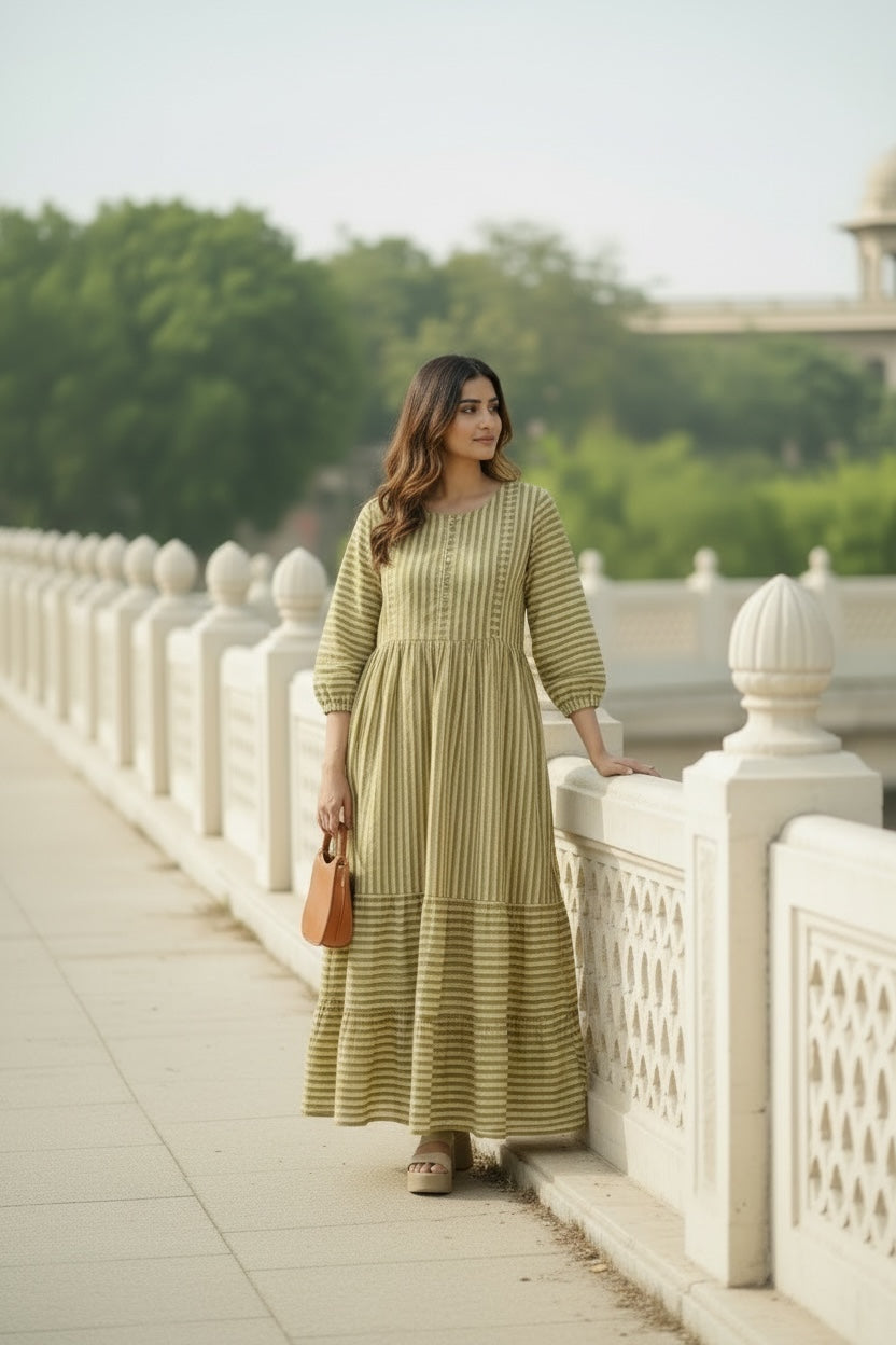 Hand Block Stripe Cotton Midi Dress for Women — Sustainable Craft - gallery