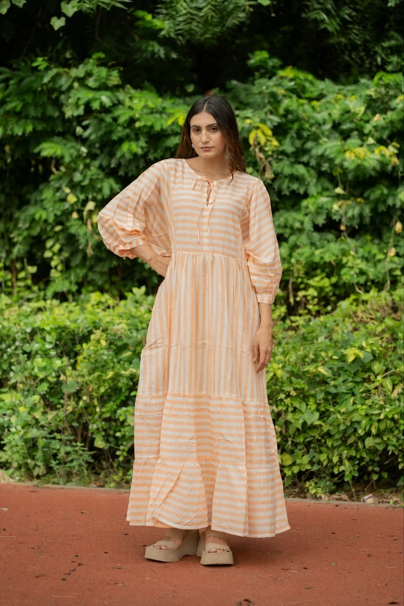 Hand Block-Print Striped Cotton Summer Midi Dress for Women - gallery