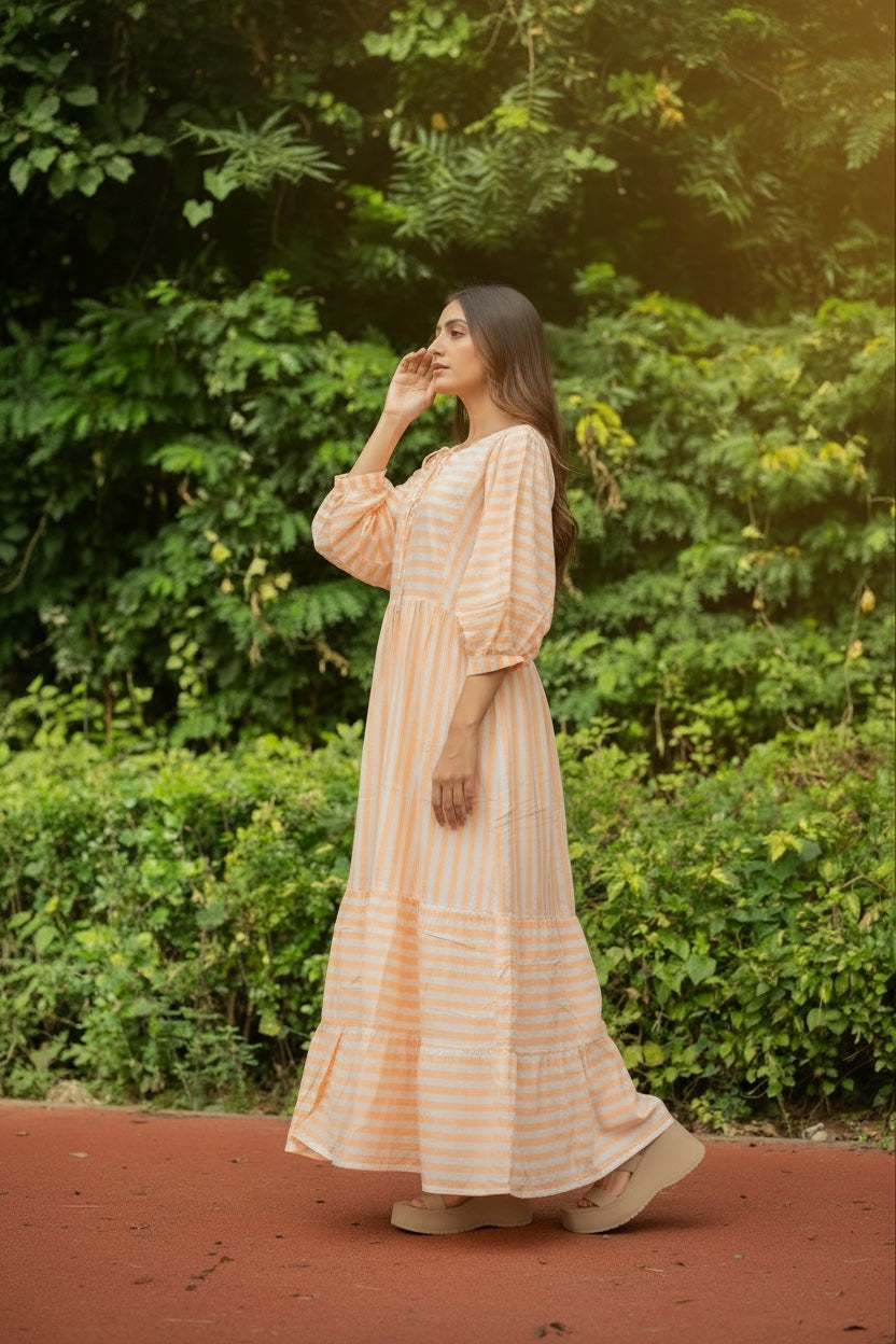 Hand Block-Print Striped Cotton Summer Midi Dress for Women - gallery