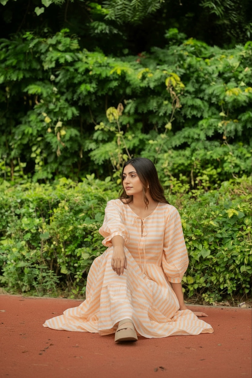 Hand Block-Print Striped Cotton Summer Midi Dress for Women - gallery