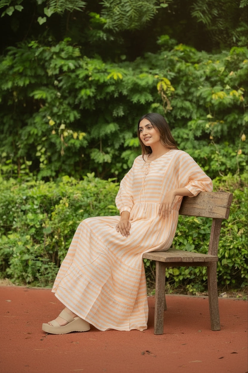 Hand Block-Print Striped Cotton Summer Midi Dress for Women - gallery