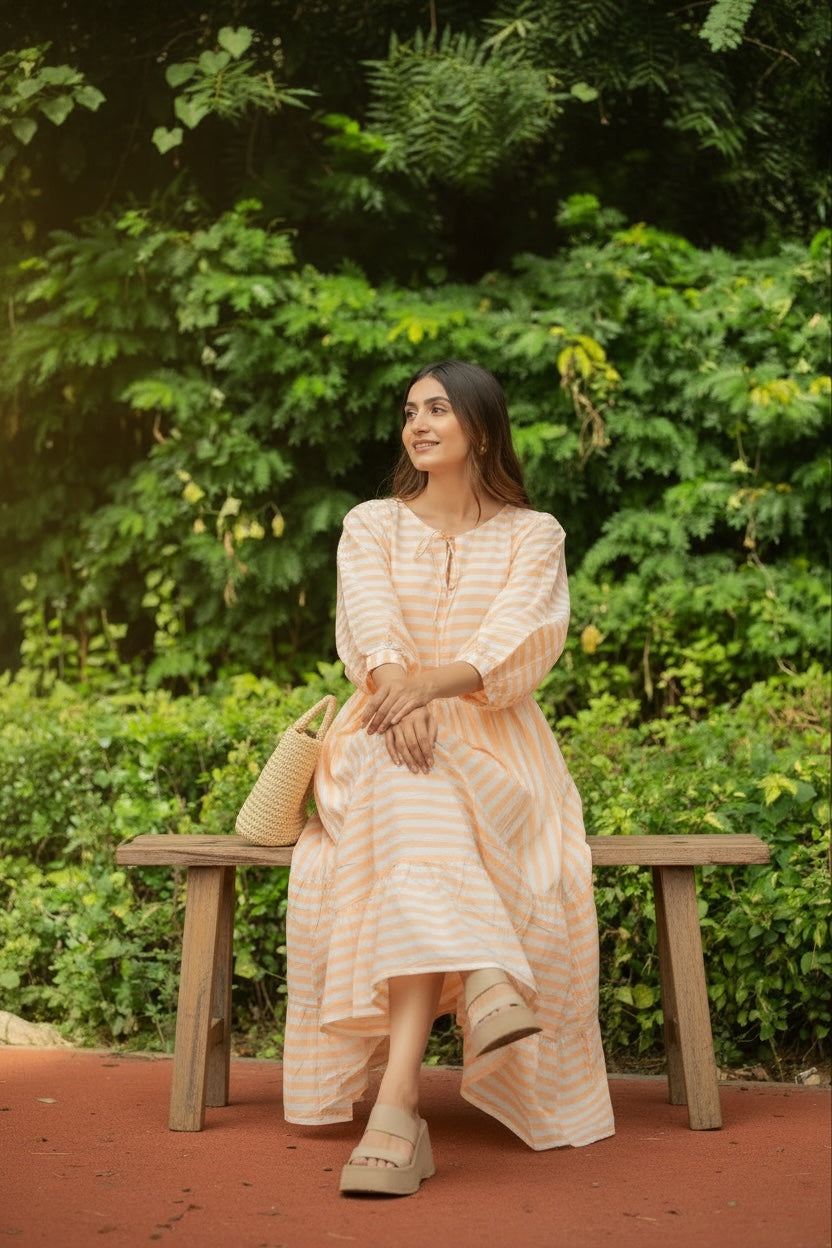 Hand Block-Print Striped Cotton Summer Midi Dress for Women - gallery