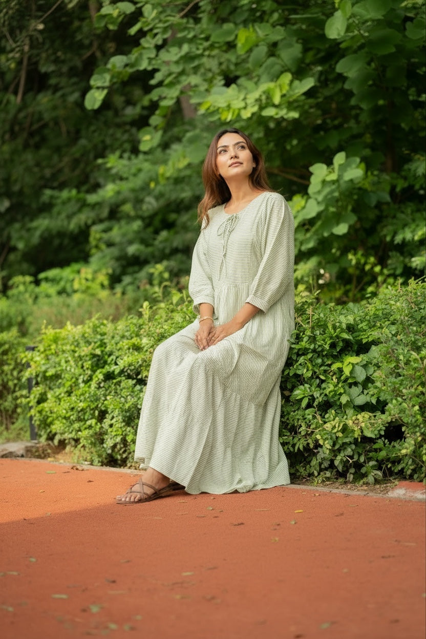 Hand Block-Print Striped Cotton Midi Dress for Women — Boho - gallery
