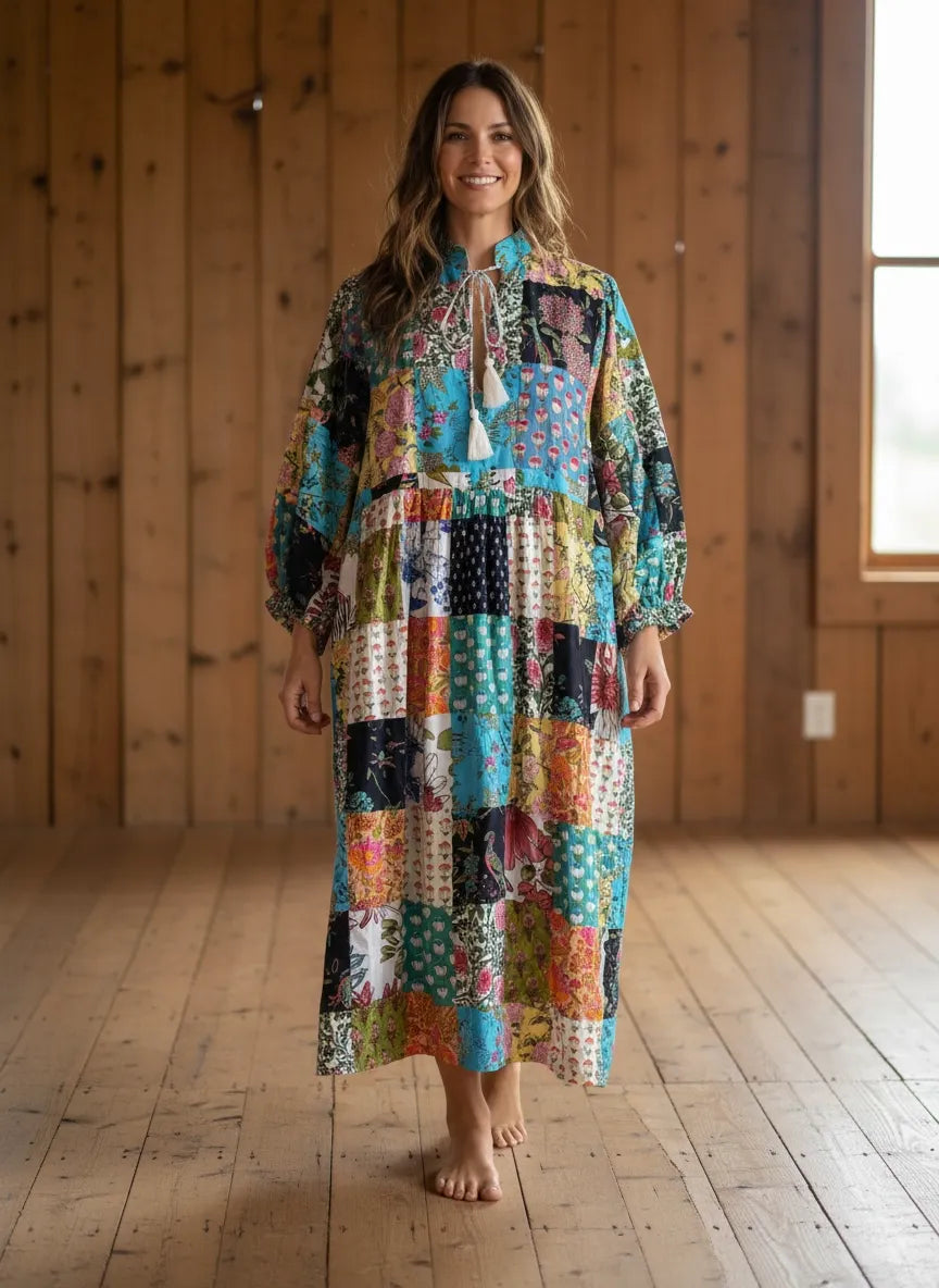 Handmade Patchwork Boho Maxi Dress for Women — Long Sleeves