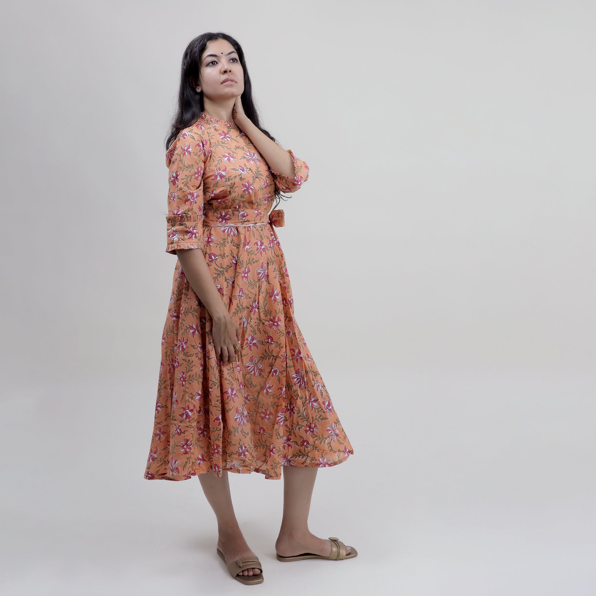 Hand Block Floral Printed Cotton Midi Dress for Women