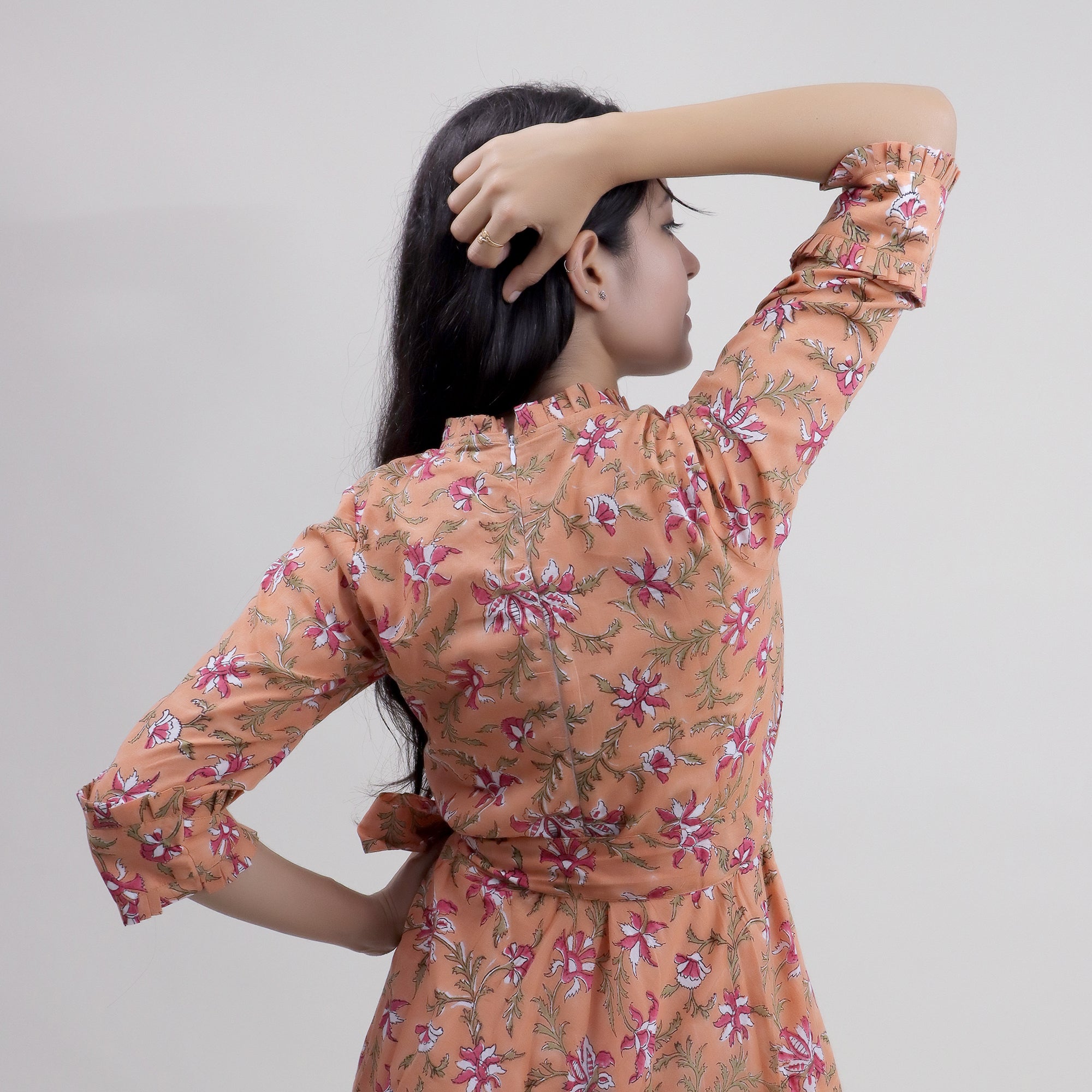 Hand Block Floral Printed Cotton Midi Dress for Women - gallery