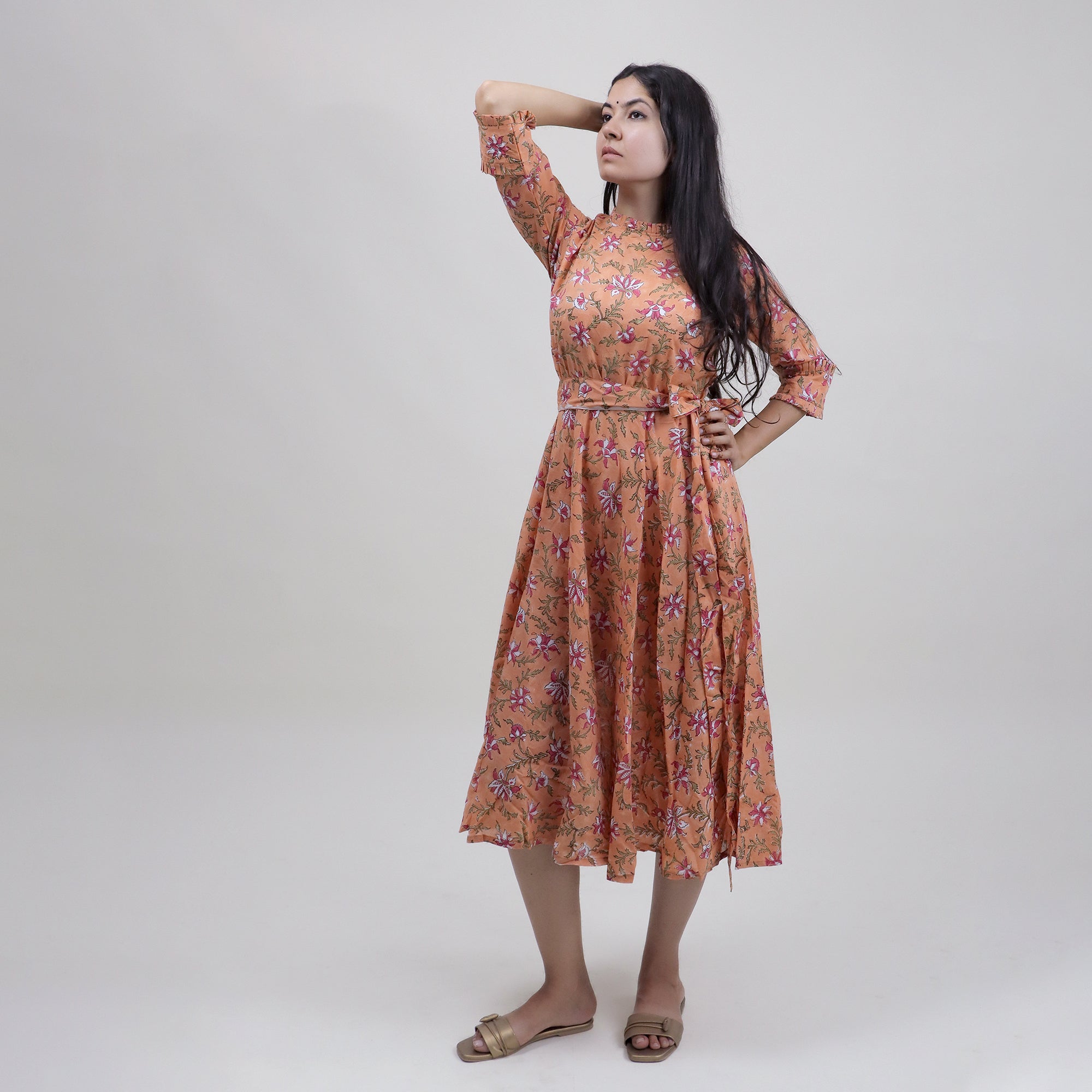 Hand Block Floral Printed Cotton Midi Dress for Women - gallery