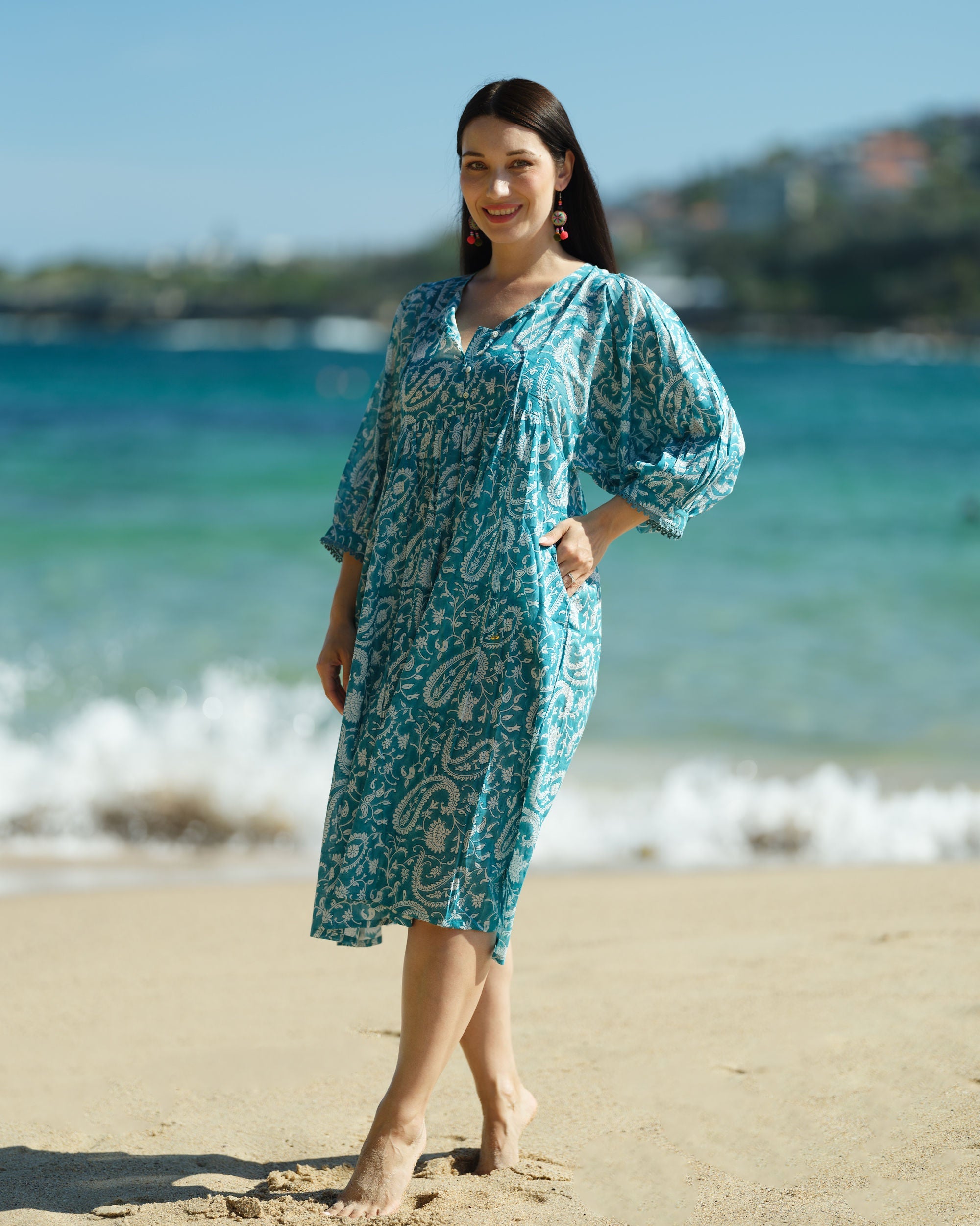 Hawa Hand Block Print Cotton Midi Dress for Women