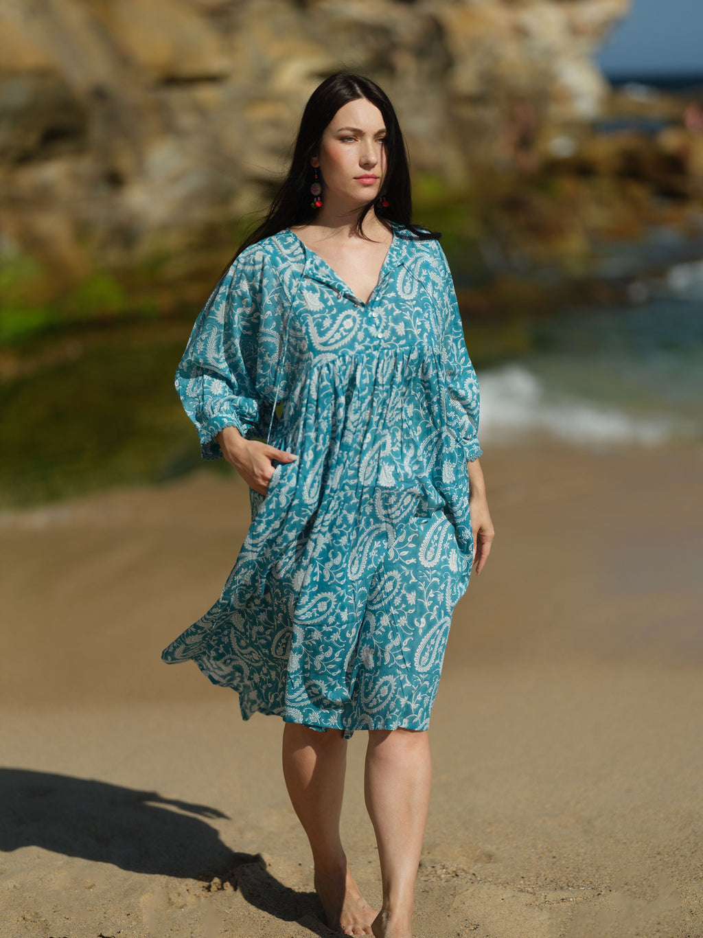 Hawa Hand Block Print Cotton Midi Dress for Women - gallery