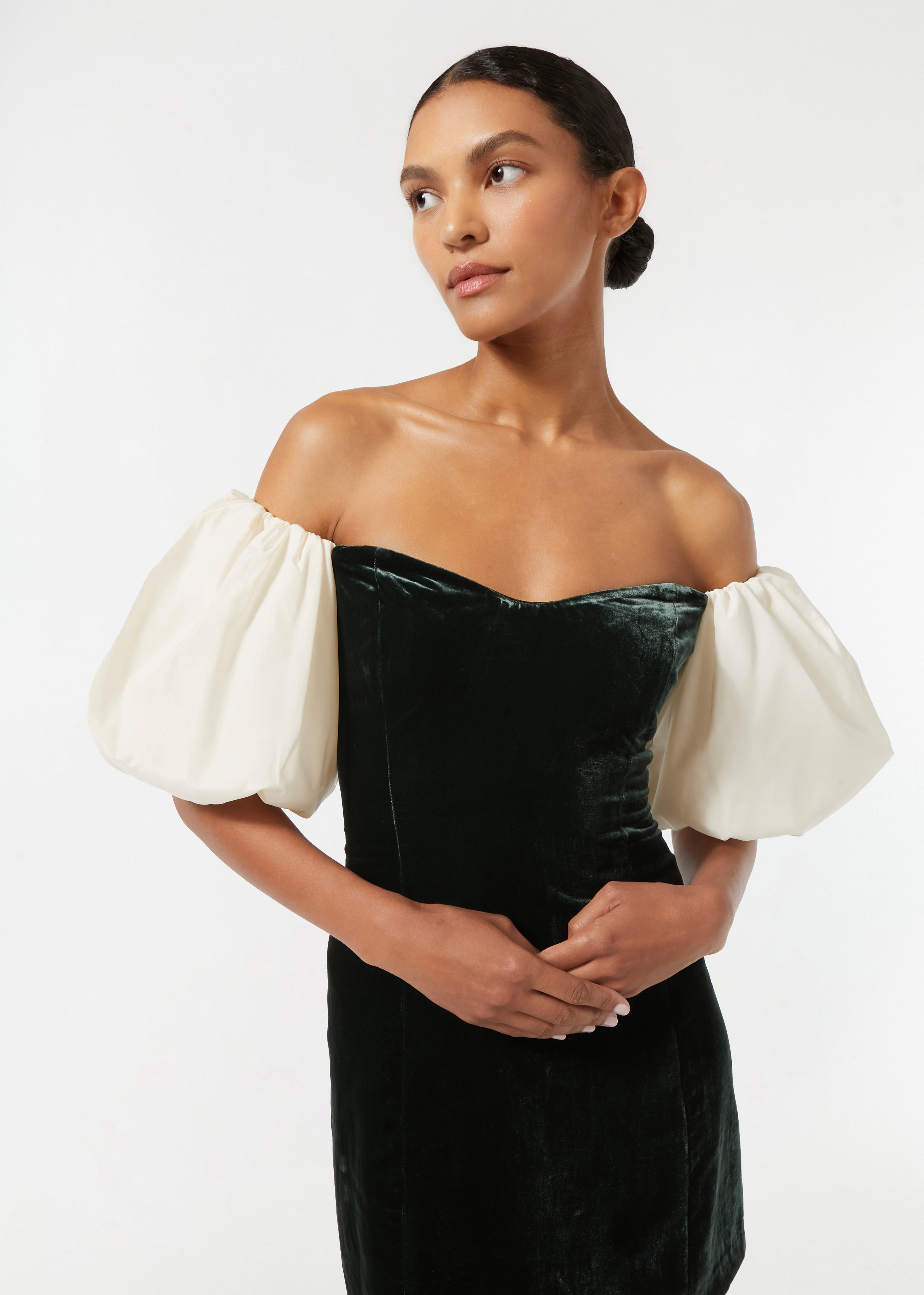 Off-Shoulder Velvet Puff-Sleeve Dress for Women — Sweetheart Neck - gallery