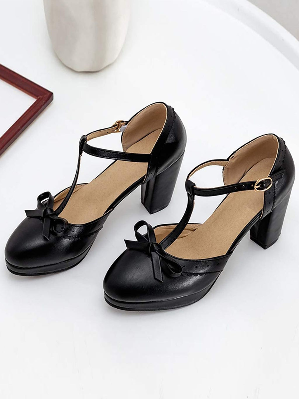 Retro Bow T-Strap High Heels Shoes for Women - gallery