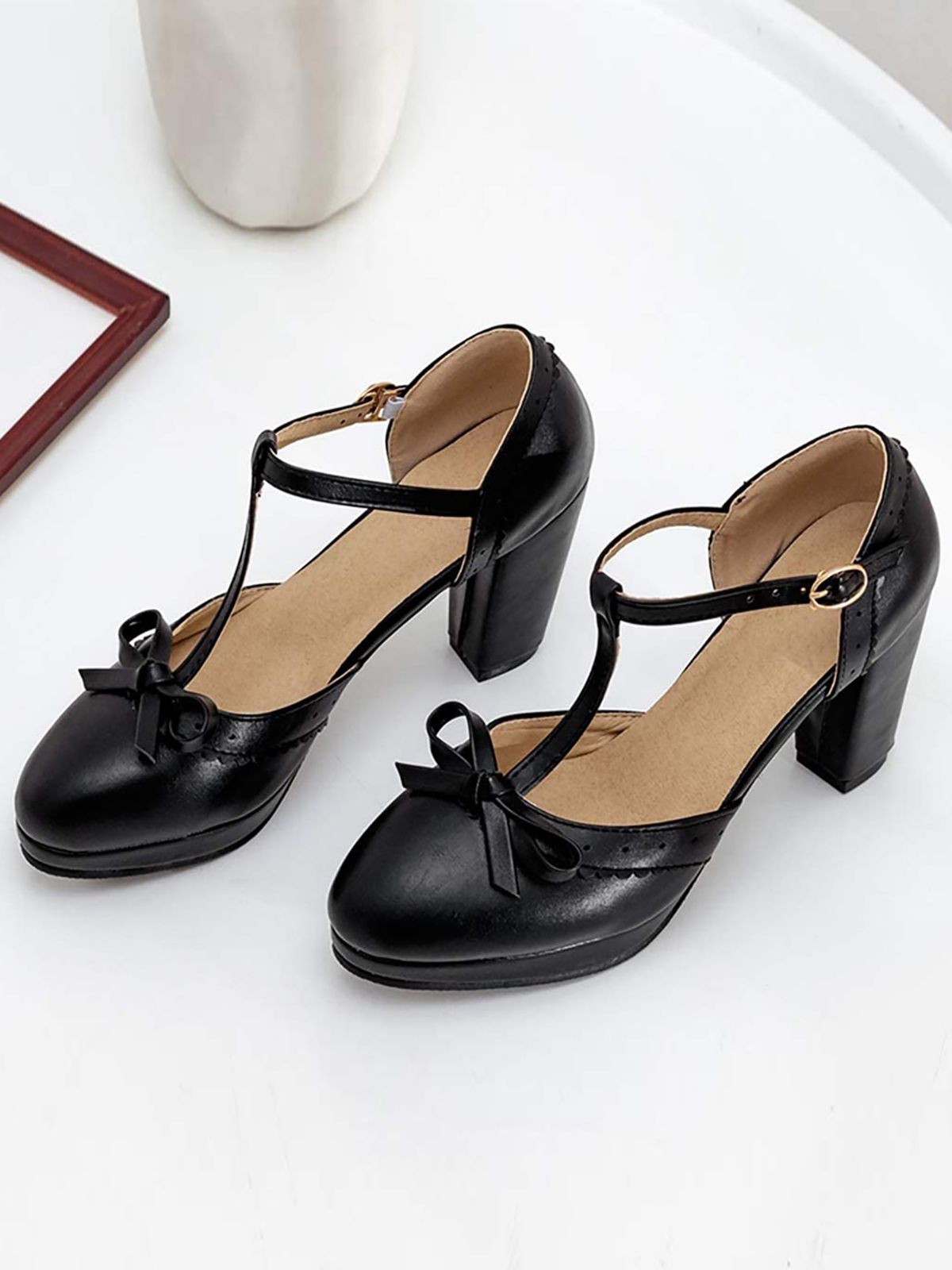 Retro Bow T-Strap High Heels Shoes for Women - gallery