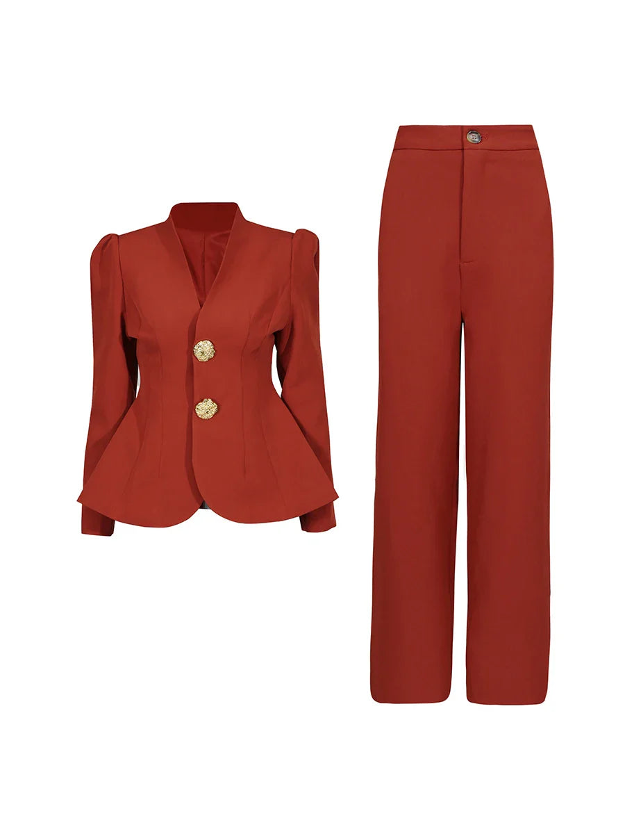 Stand Collar Gold Button Blazer & Trouser Set Trousers for Women - gallery
