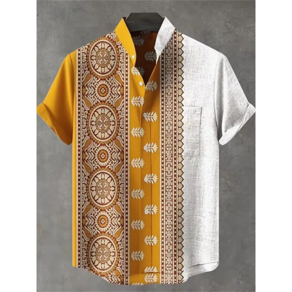 Summer Stand-Up Collar Ethnic Print Shirt for Men - gallery