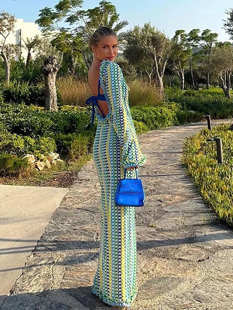 Liora Crochet Backless Maxi Dress – Flared Sleeve Holiday Dress, Beach C... — gallery